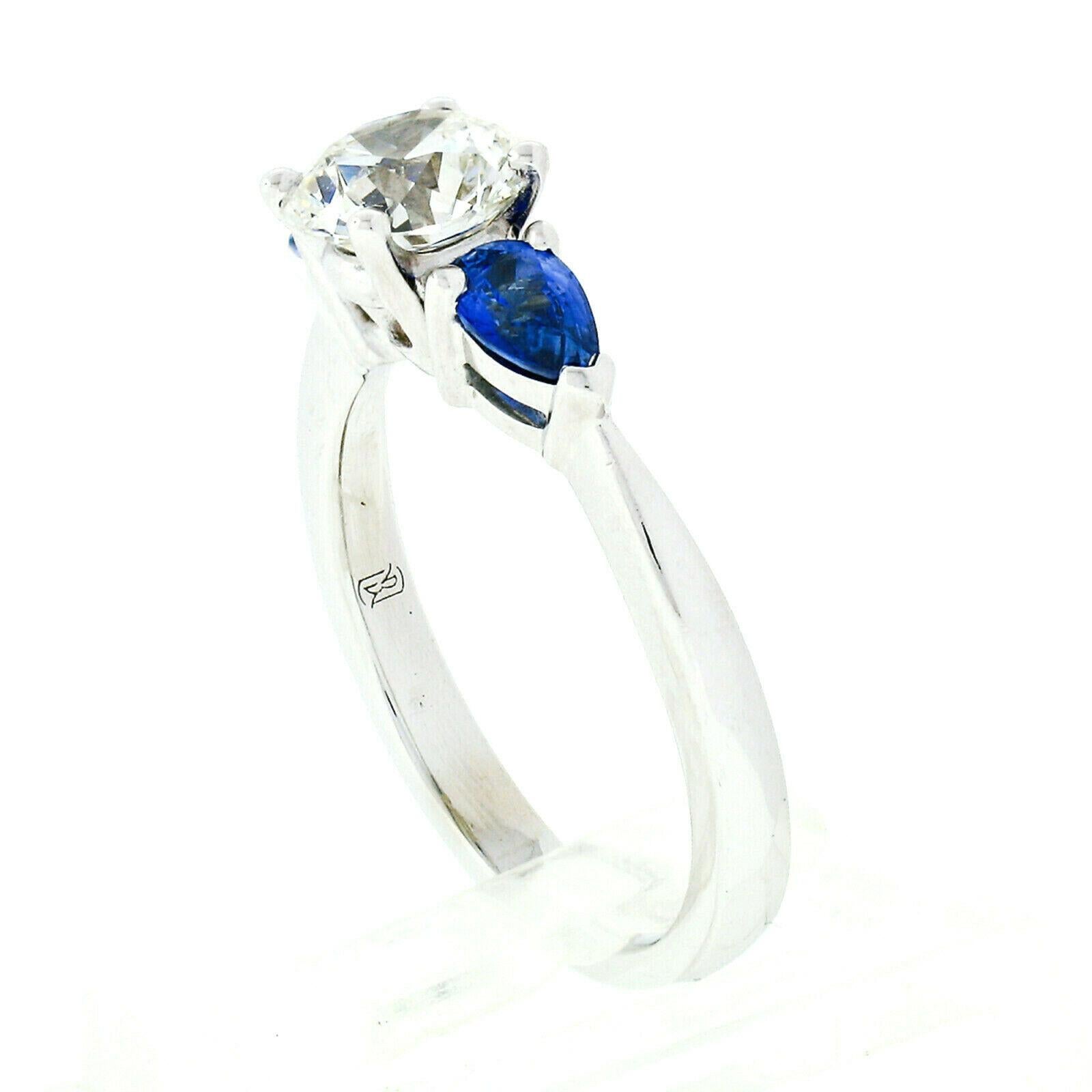 Women's New 14k White Gold 1.03ct GIA Round Diamond & Sapphire 3 Stone Engagement Ring For Sale