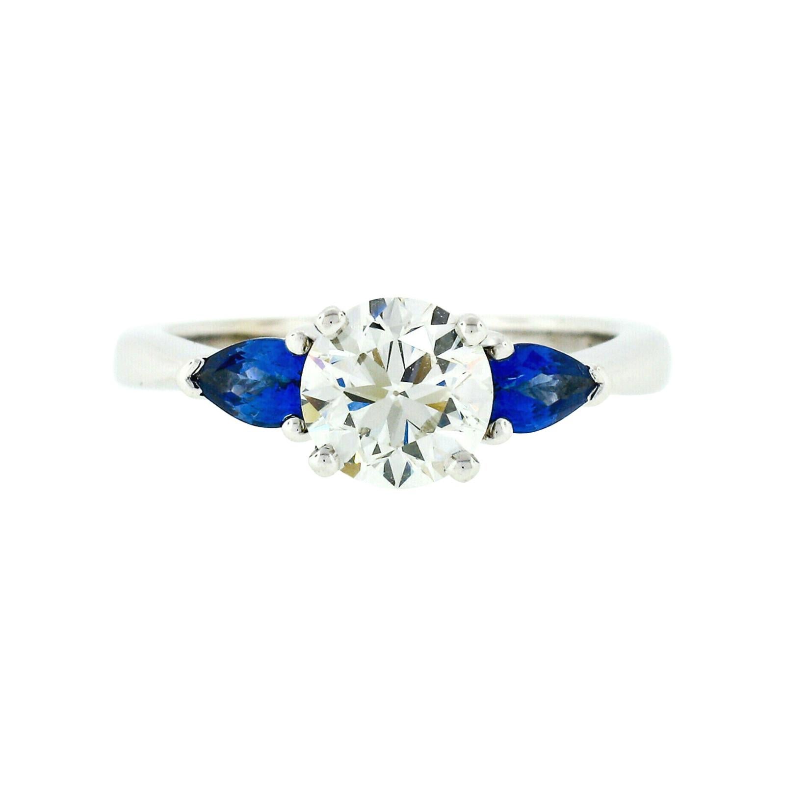 New 14k White Gold 1.03ct GIA Round Diamond & Sapphire 3 Stone Engagement Ring