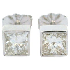 New 14k White Gold 1.04ctw Princess Cut Diamond Geometric Square Stud Earrings