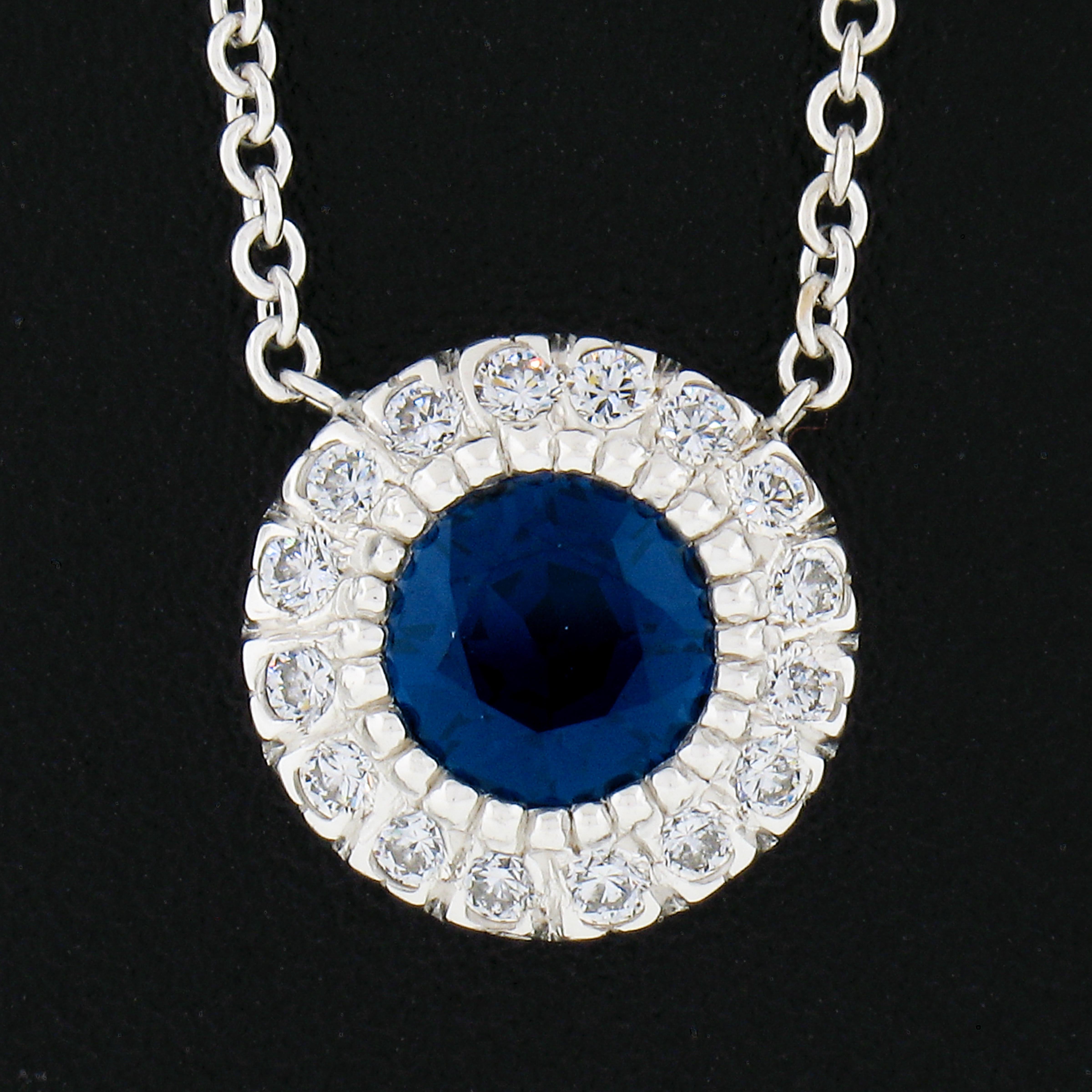 Round Cut New 14k White Gold 1.07ctw Round Sapphire & Diamond Halo Pendant Chain Necklace For Sale