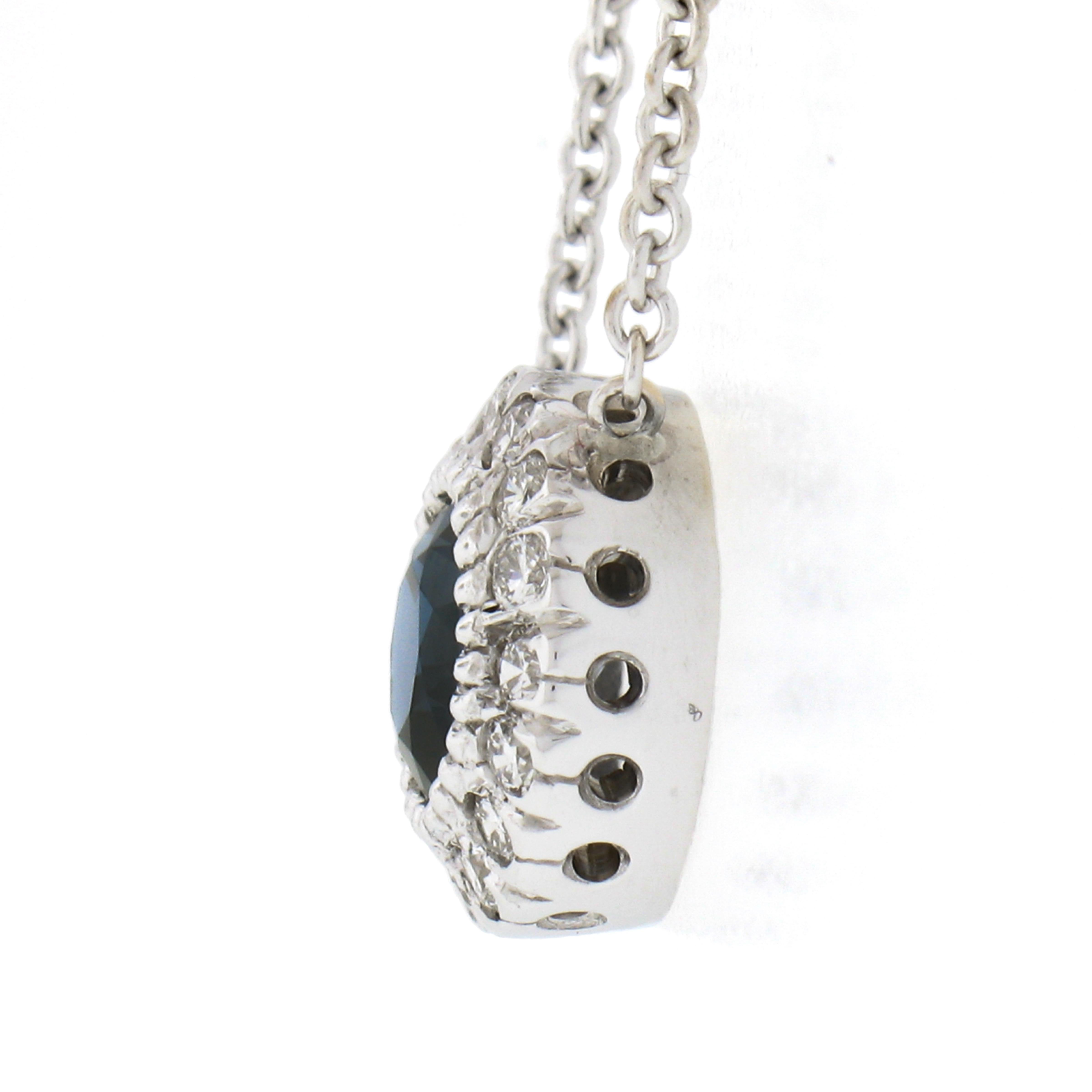 Women's New 14k White Gold 1.07ctw Round Sapphire & Diamond Halo Pendant Chain Necklace For Sale