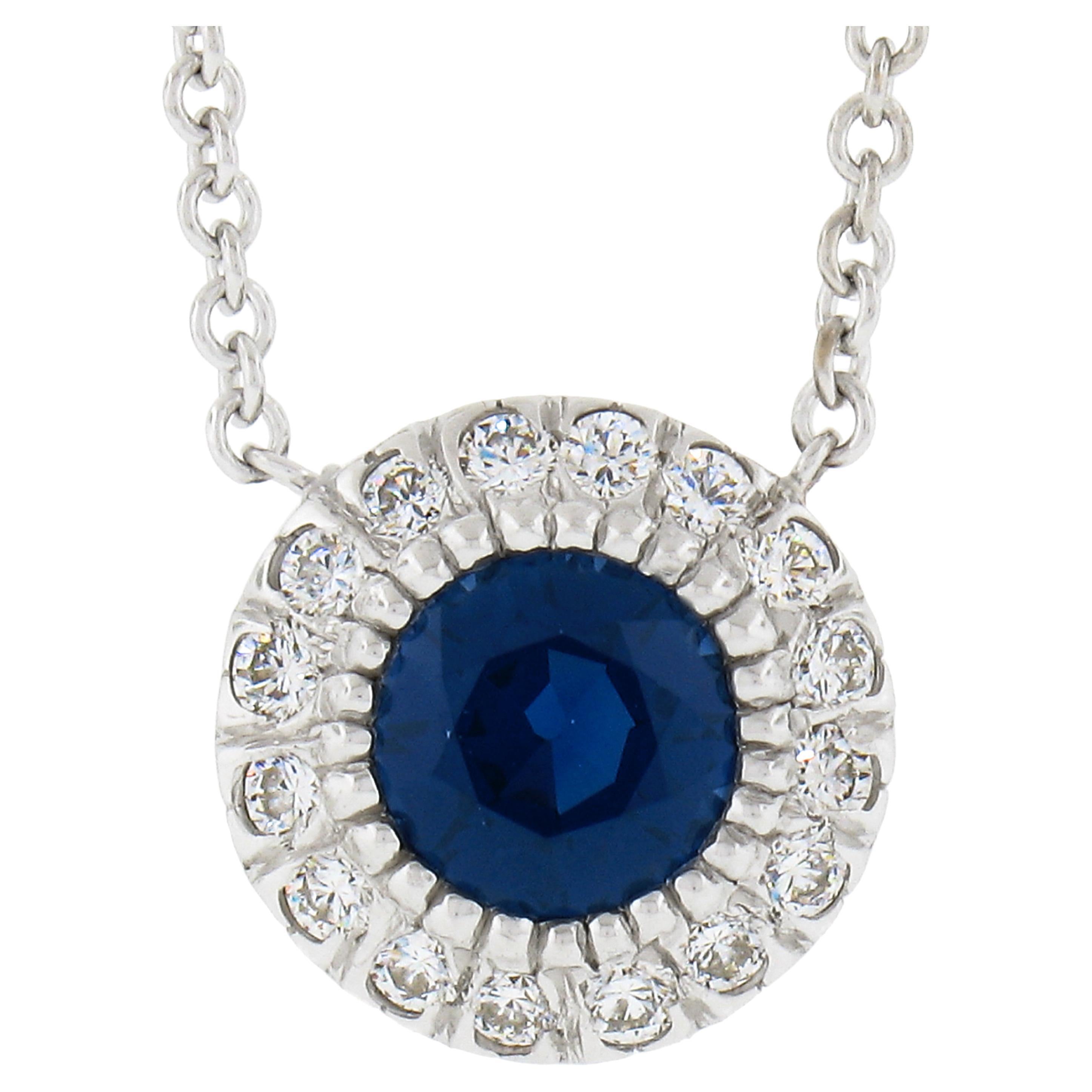 New 14k White Gold 1.07ctw Round Sapphire & Diamond Halo Pendant Chain Necklace For Sale