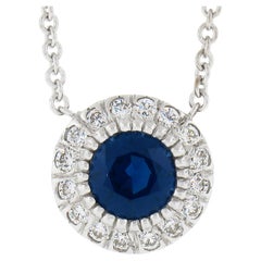 New 14k White Gold 1.07ctw Round Sapphire & Diamond Halo Pendant Chain Necklace