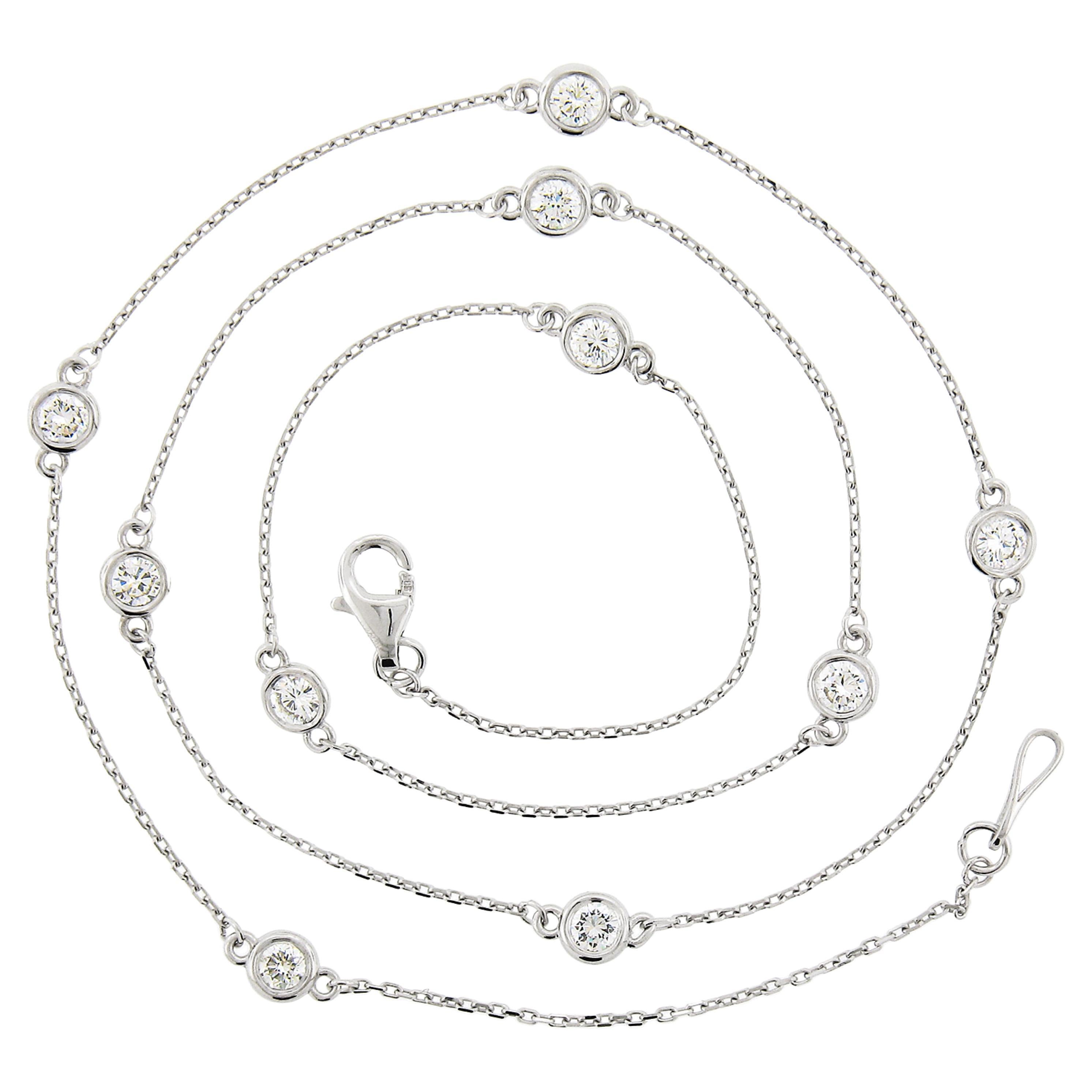 New 14k White Gold 1.0ctw Bezel Station Round Diamond by the Yard Chain Necklace For Sale