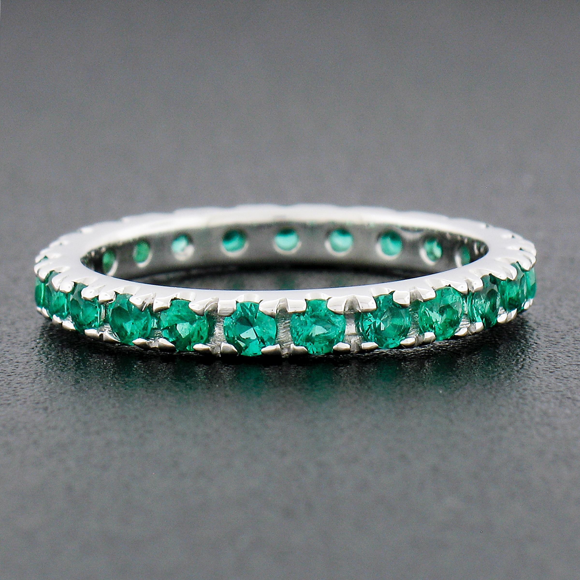 Round Cut New 14k White Gold 1.10ct Round Brilliant Emerald Eternity Stackable Band Ring For Sale