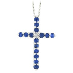 New 14K White Gold 1.31ctw Round Sapphire 
Diamond Cross Pendant Chain Necklace