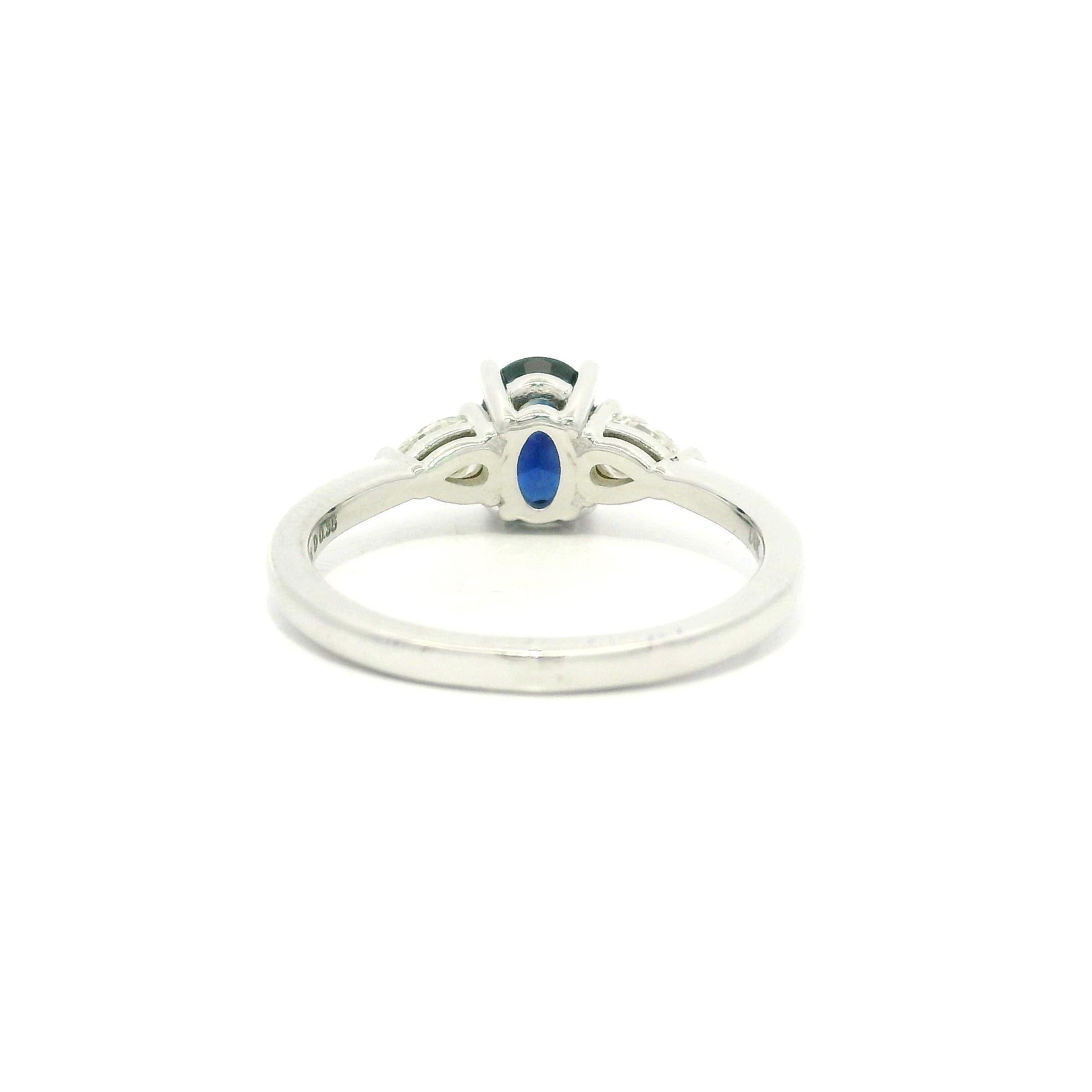 New 14k White Gold 1.41ctw GIA Oval Royal Blue Sapphire w/ Pear Diamonds Ring For Sale 5