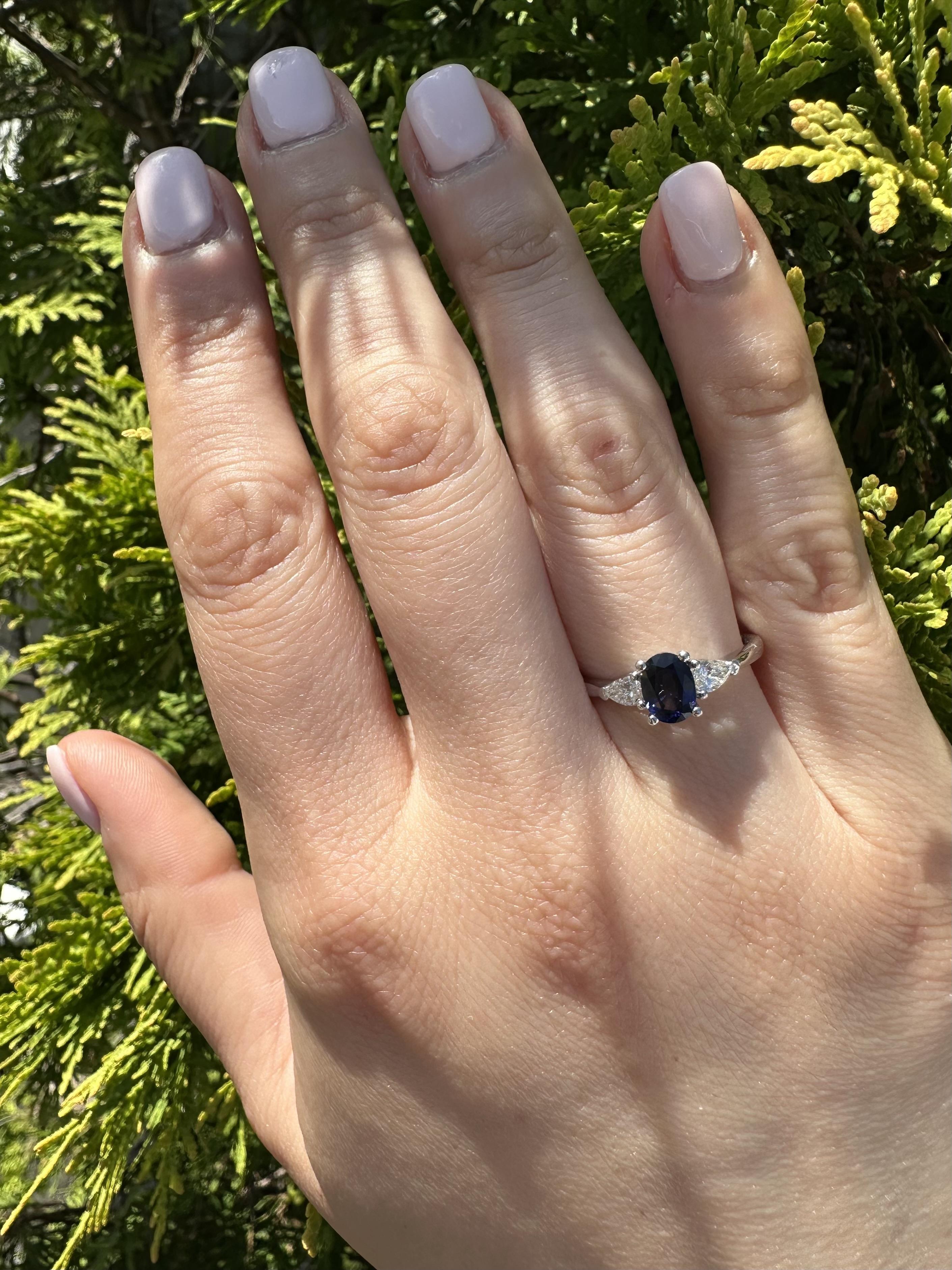 New 14k White Gold 1.41ctw GIA Oval Royal Blue Sapphire w/ Pear Diamonds Ring For Sale 9