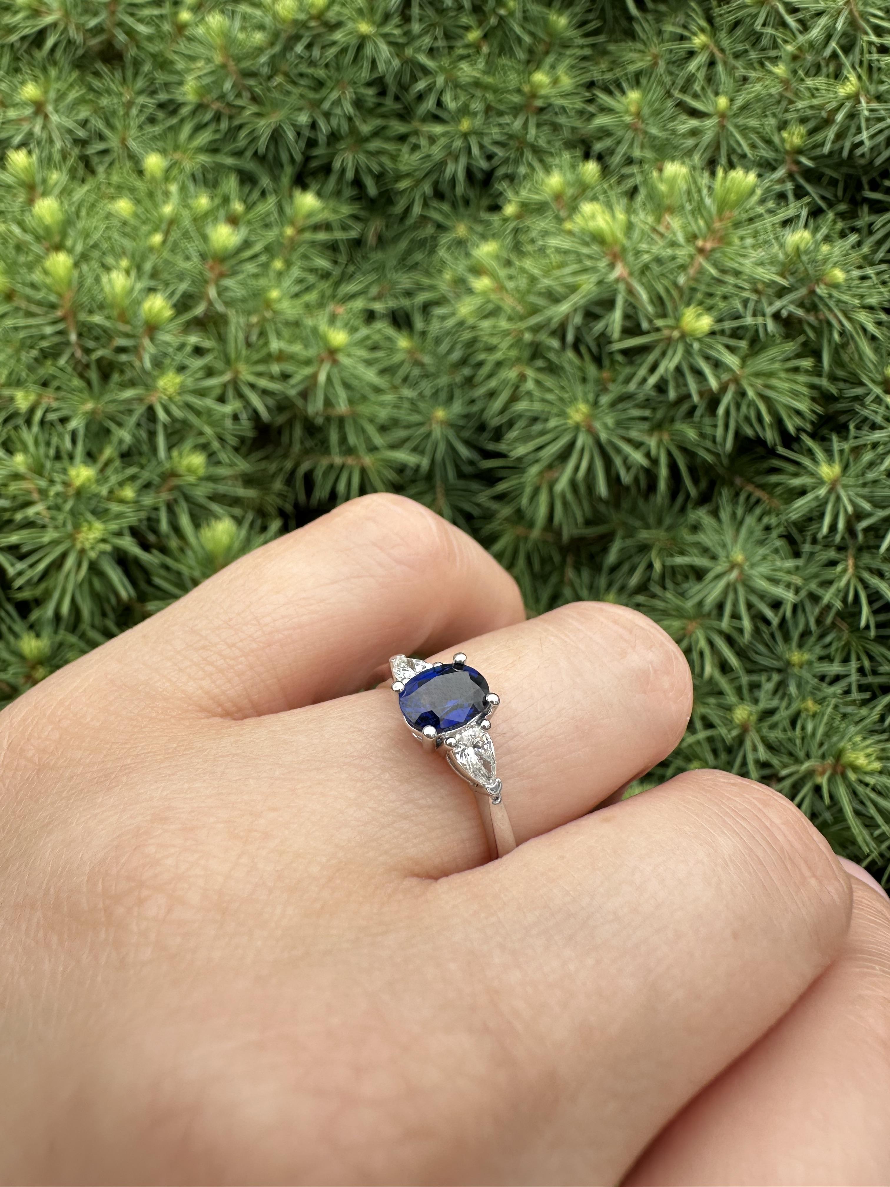 --Stone(s):--
(1) Natural Genuine Sapphire - Oval Brilliant Cut - Prong Set - Royal Blue Color- Heated -Basalt Related-1.06ct (exact)
** See Certification Details Below for Complete Info **
(2) Natural Genuine Diamonds - Pear Cut - Prong Set - Nice