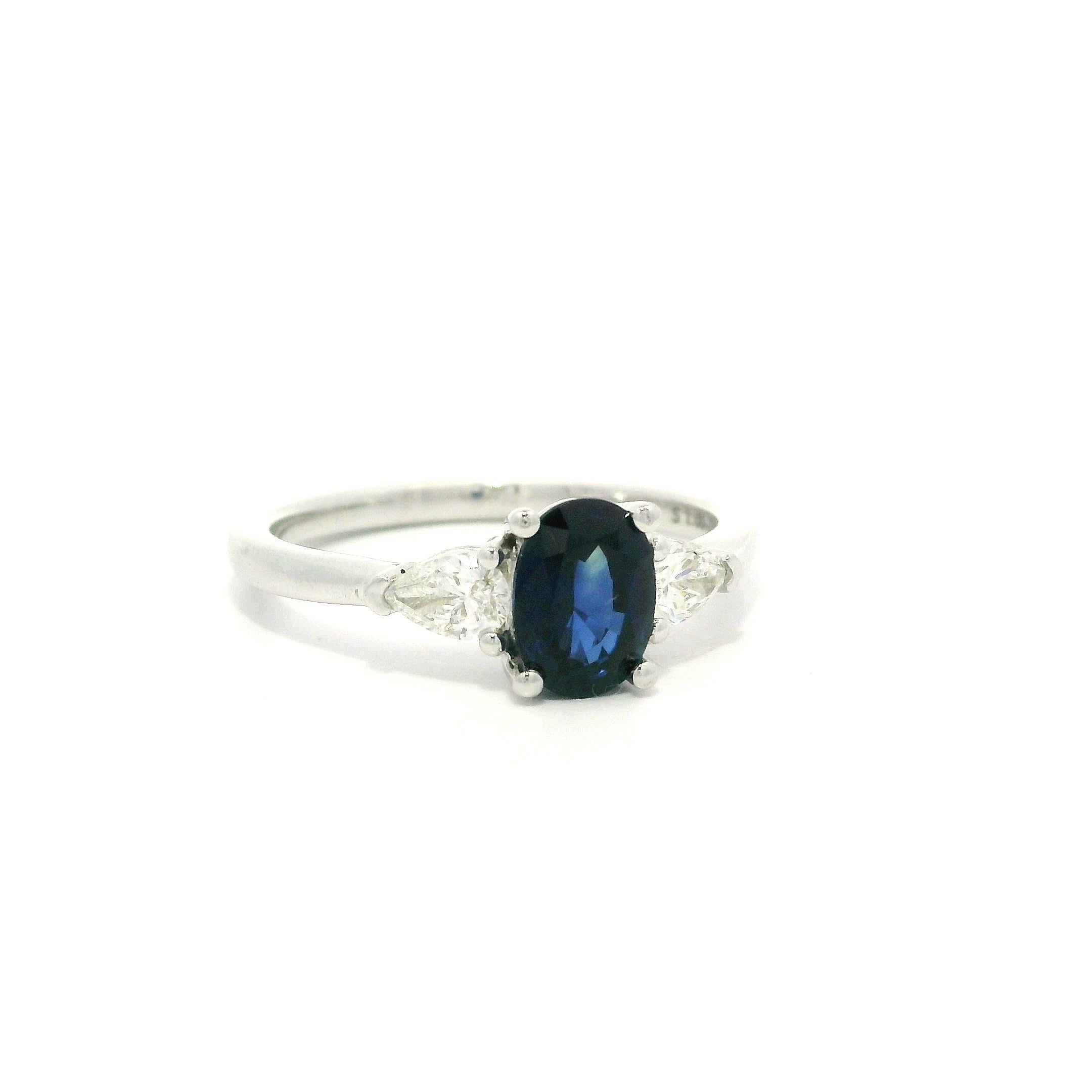 New 14k White Gold 1.41ctw GIA Oval Royal Blue Sapphire w/ Pear Diamonds Ring For Sale 3