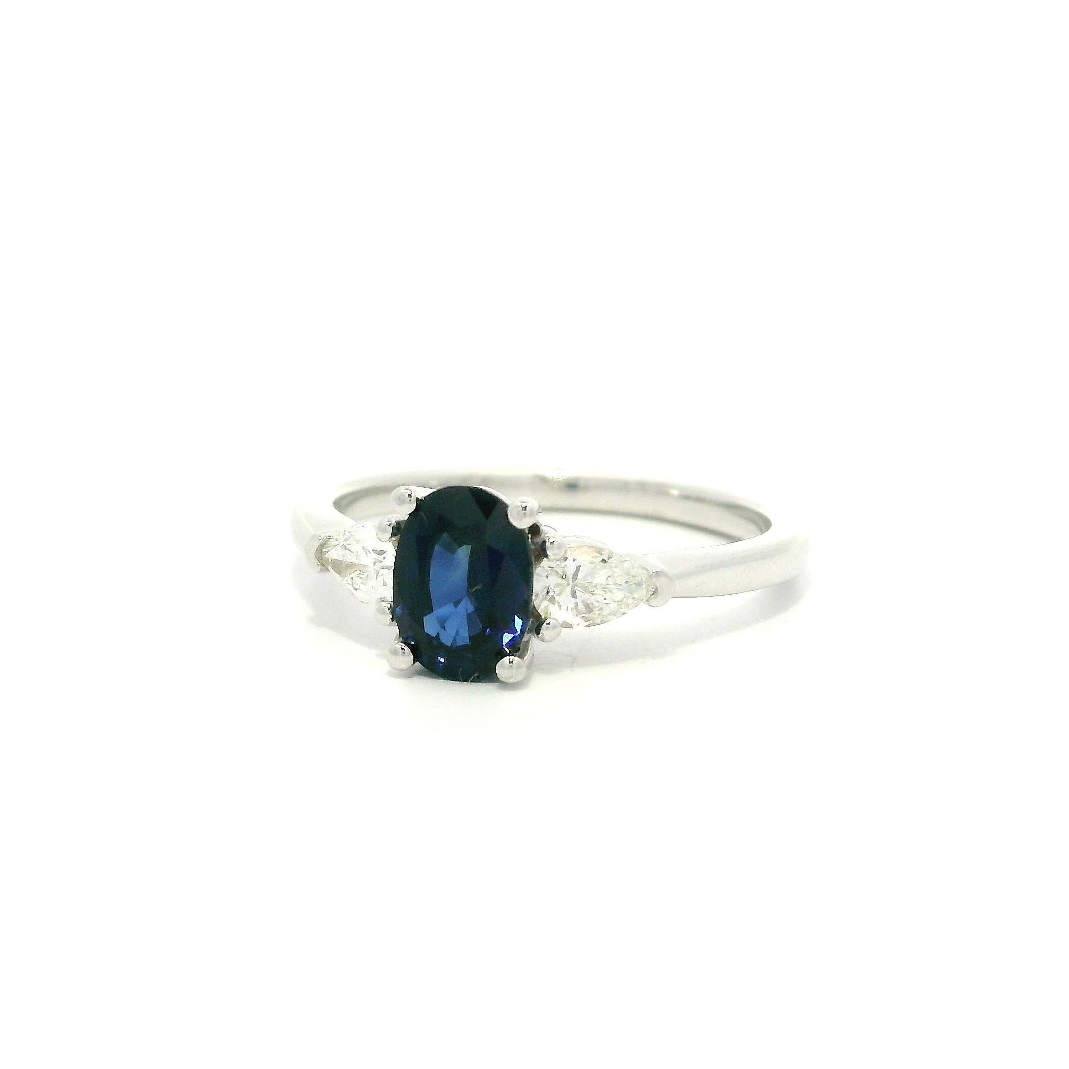 New 14k White Gold 1.41ctw GIA Oval Royal Blue Sapphire w/ Pear Diamonds Ring For Sale 4