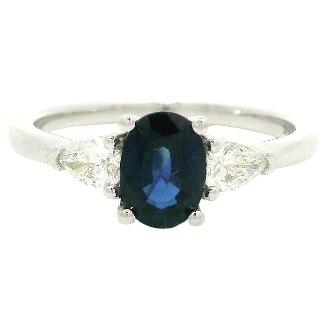 New 14k White Gold 1.41ctw GIA Oval Royal Blue Sapphire w/ Pear Diamonds Ring For Sale
