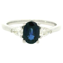 New 14k White Gold 1.41ctw GIA Oval Royal Blue Sapphire w/ Pear Diamonds Ring