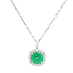 New 14k White Gold 1.44ctw Cushion Emerald w/ Diamond Halo Pendant Necklace