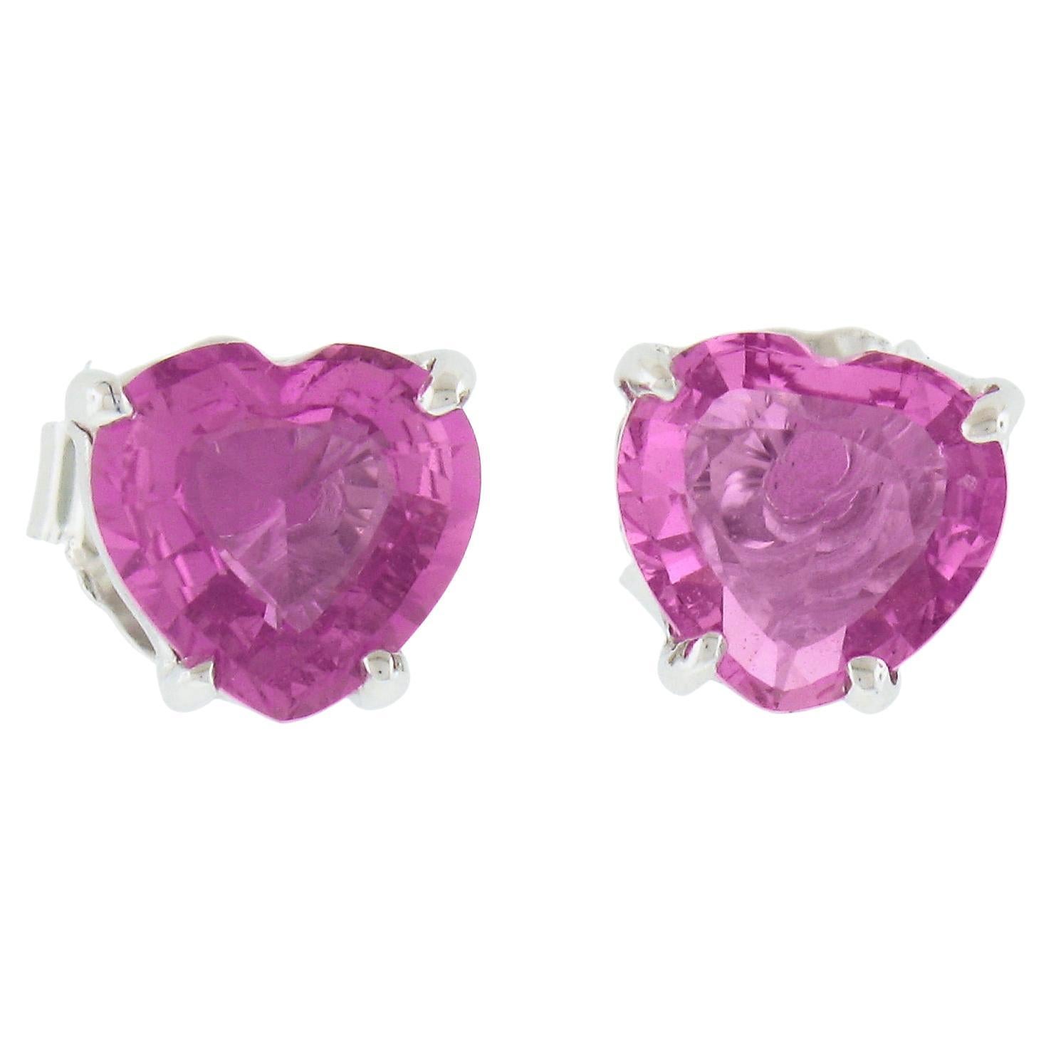 New 14K White Gold 1.44ctw Heart Prong Set Pink Sapphire Solitaire Stud Earrings For Sale