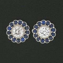 New 14k White Gold 1.51ct Diamond Sapphire Halo Milgrain Flower Cluster Earrings