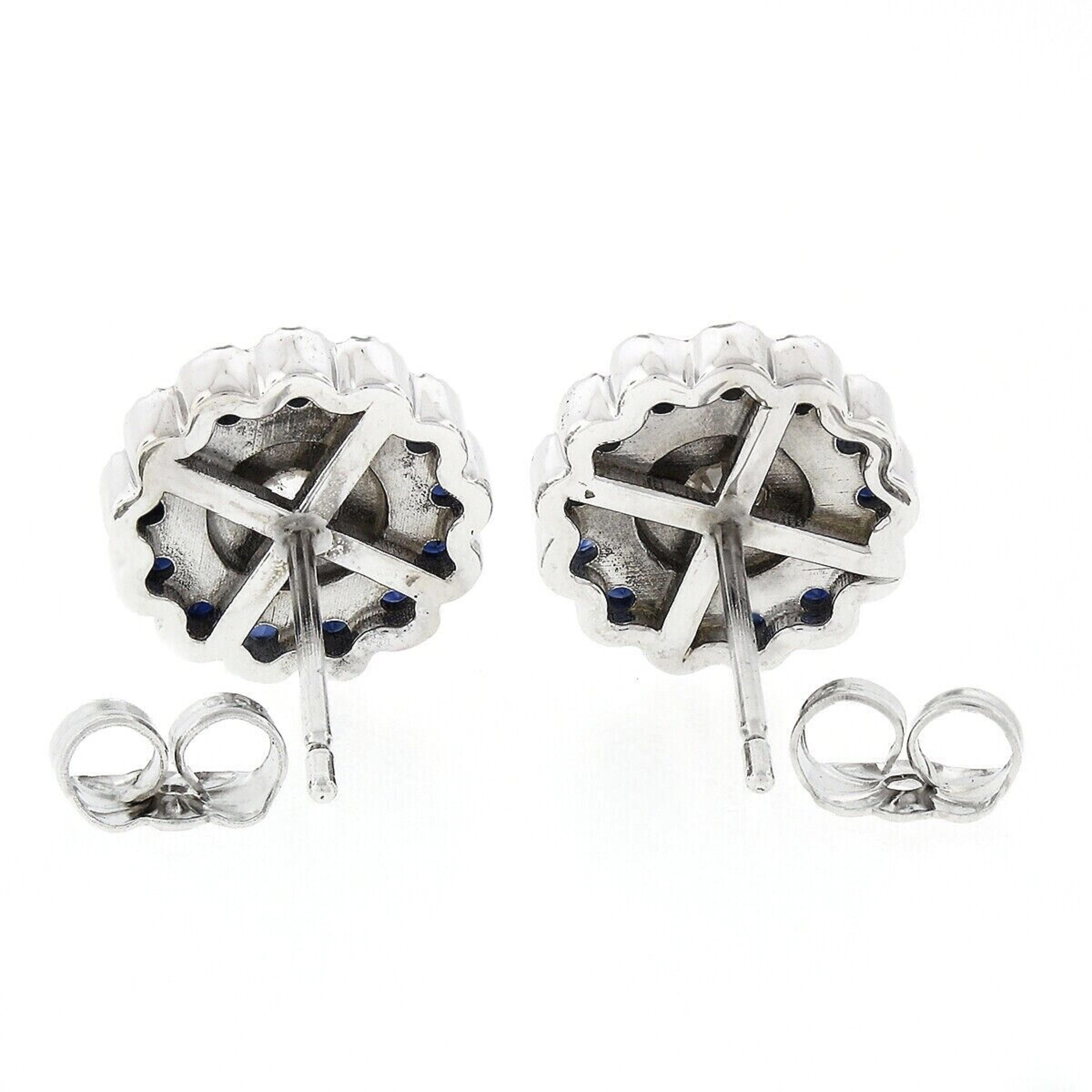 Round Cut New 14k White Gold 1.51ct Diamond Sapphire Halo Milgrain Flower Cluster Earrings For Sale