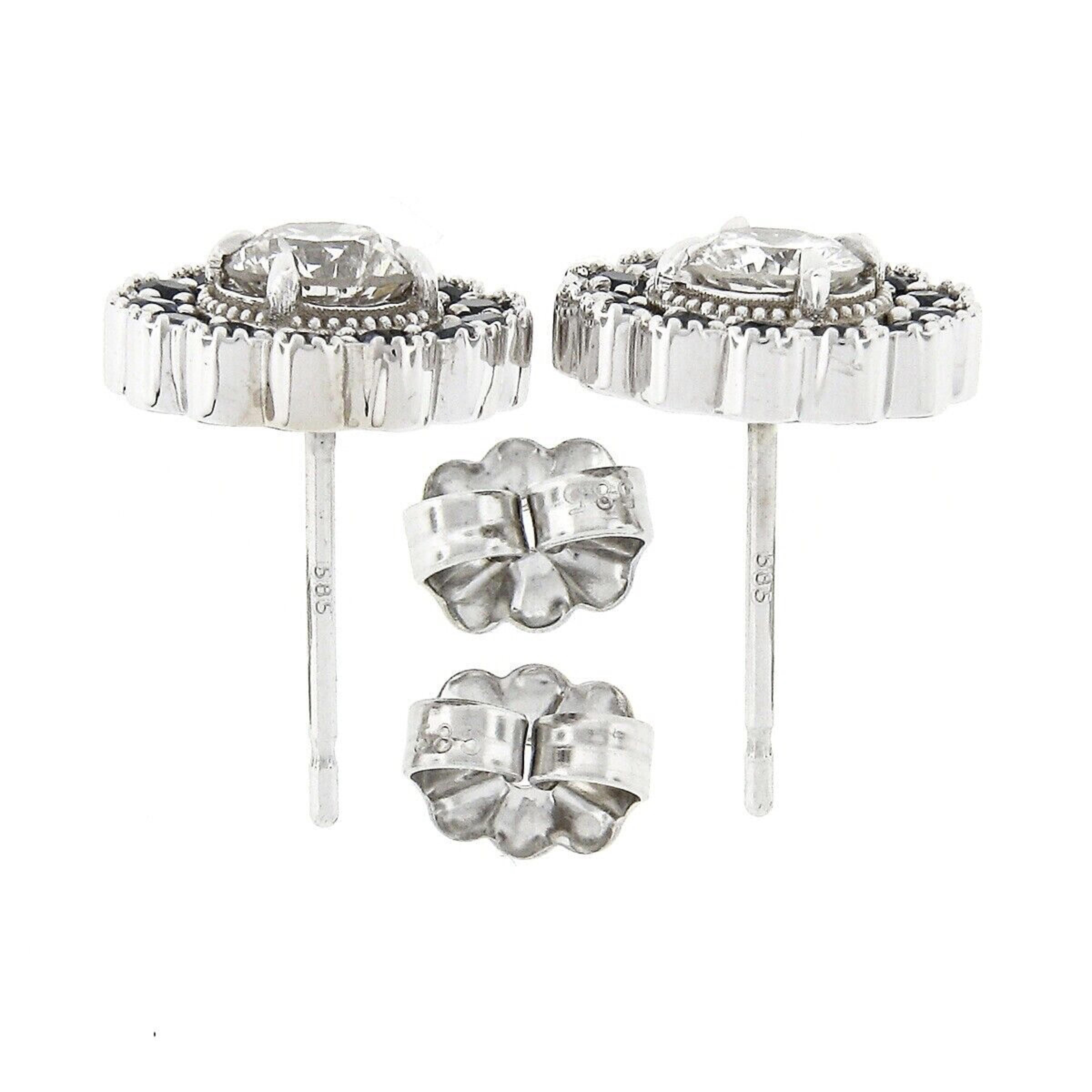 New 14k White Gold 1.51ct Diamond Sapphire Halo Milgrain Flower Cluster Earrings In New Condition For Sale In Montclair, NJ