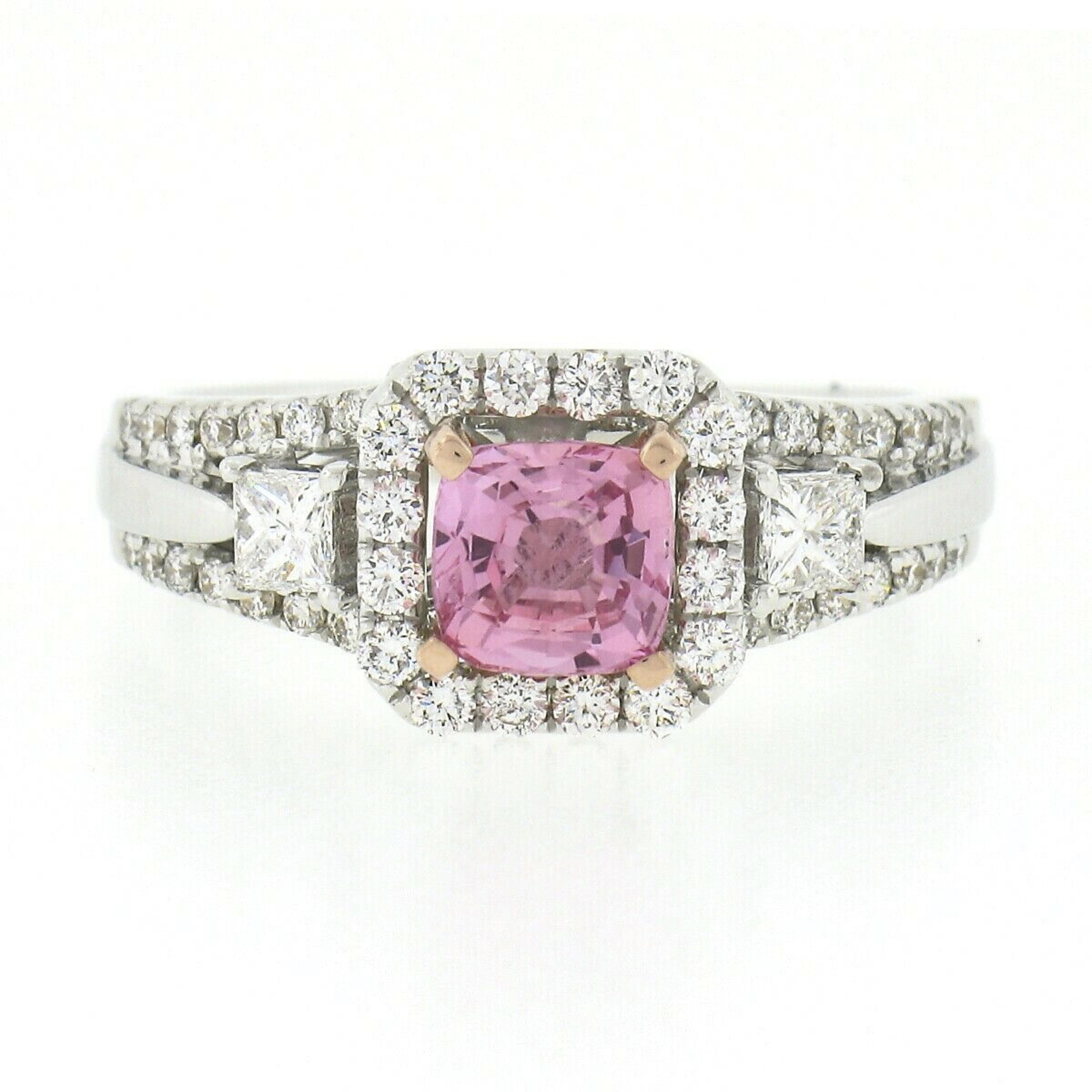 Cushion Cut New 14k White Gold 1.55ctw No Heat Pink Cushion Sapphire Diamond Engagement Ring For Sale
