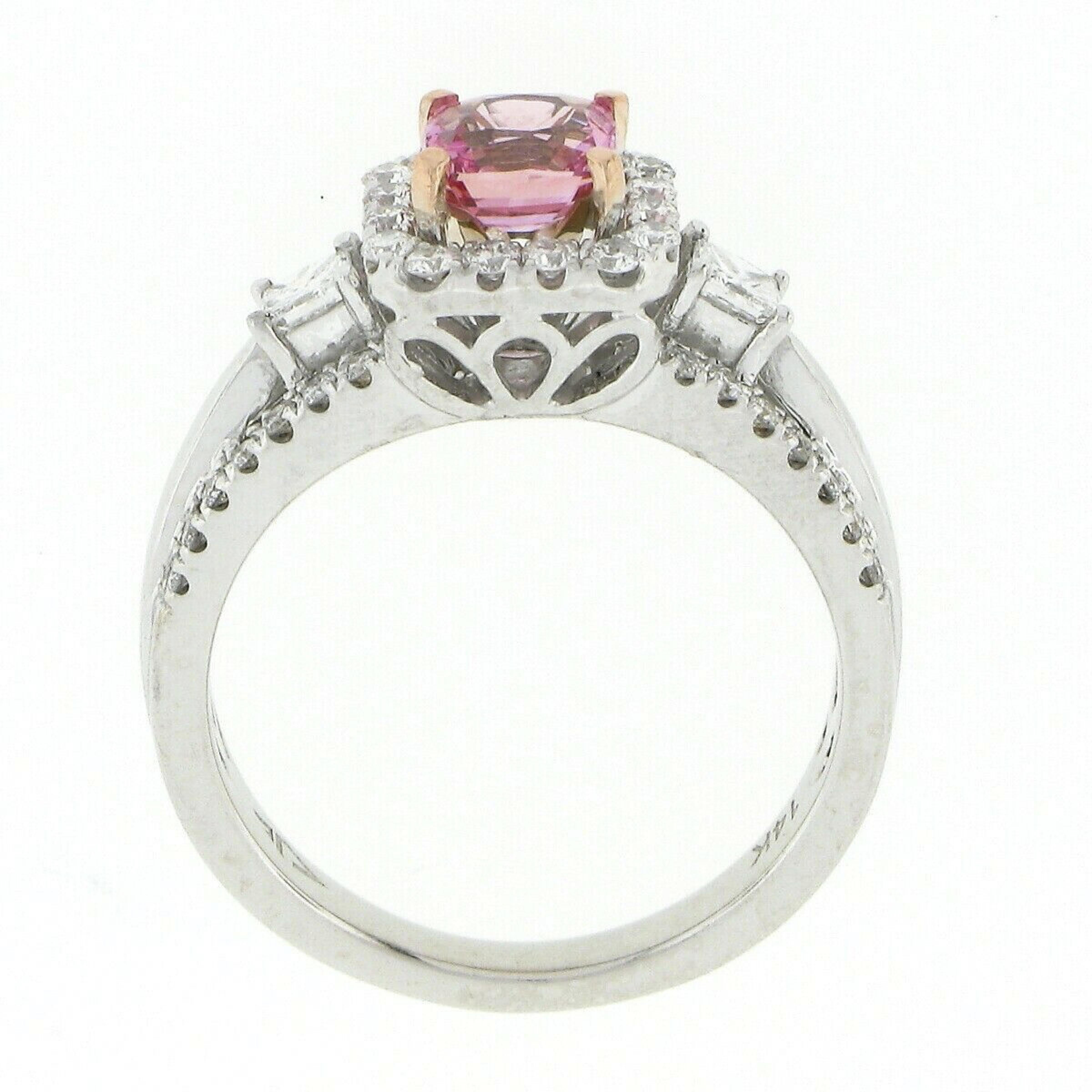 New 14k White Gold 1.55ctw No Heat Pink Cushion Sapphire Diamond Engagement Ring For Sale 2
