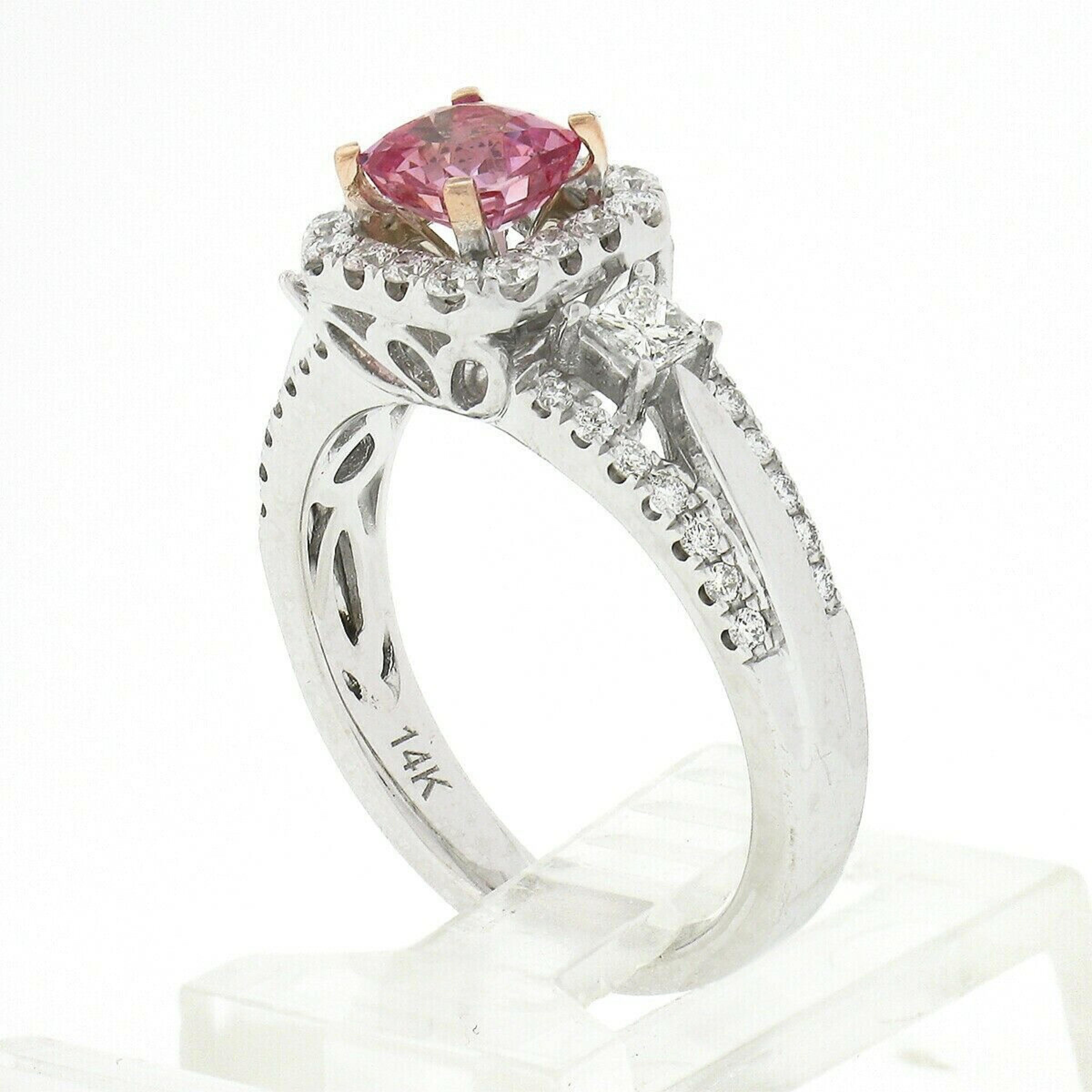 New 14k White Gold 1.55ctw No Heat Pink Cushion Sapphire Diamond Engagement Ring For Sale 3