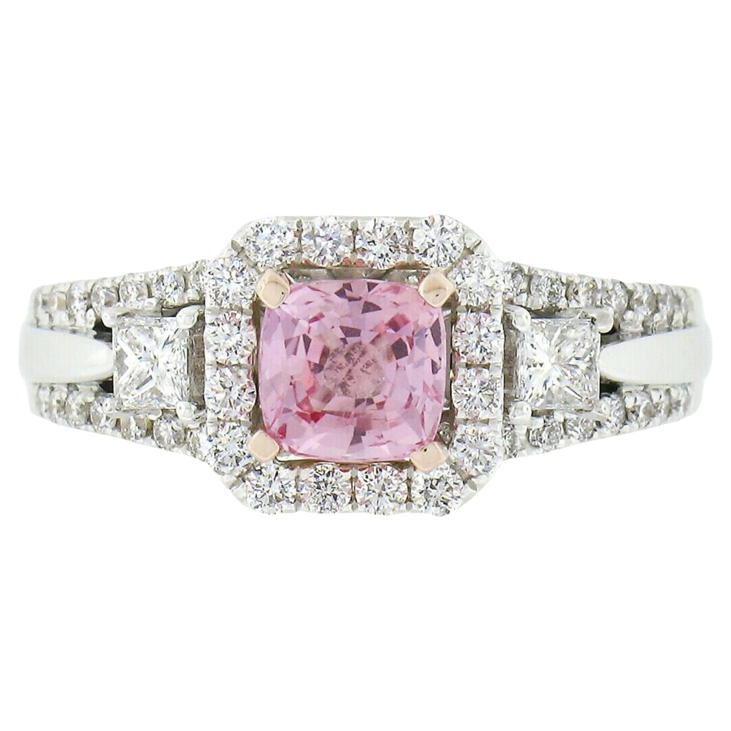 New 14k White Gold 1.55ctw No Heat Pink Cushion Sapphire Diamond Engagement Ring For Sale