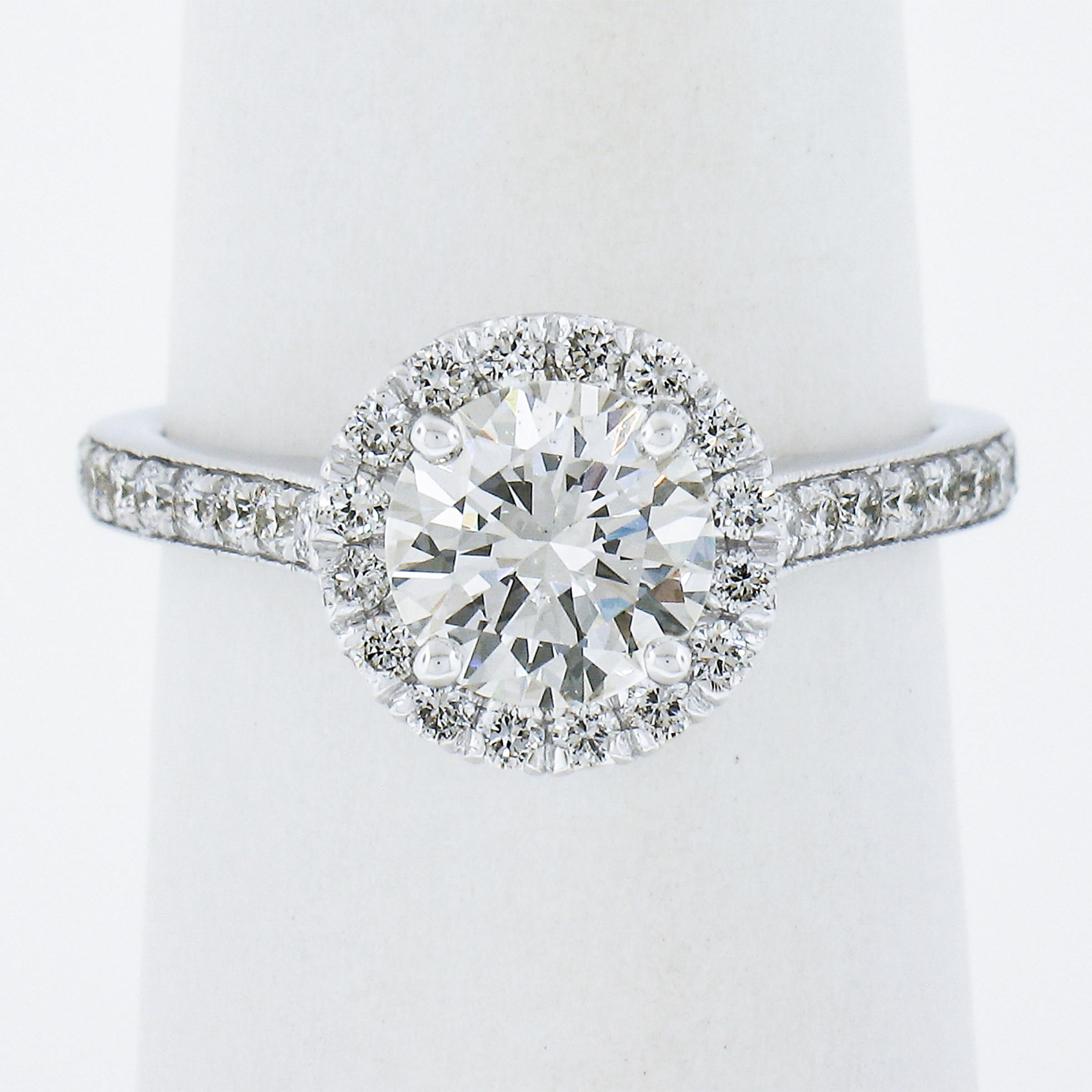 New 14k White Gold 1.59ctw GIA Round Diamond w/ Halo Classic Engagement Ring In New Condition For Sale In Montclair, NJ