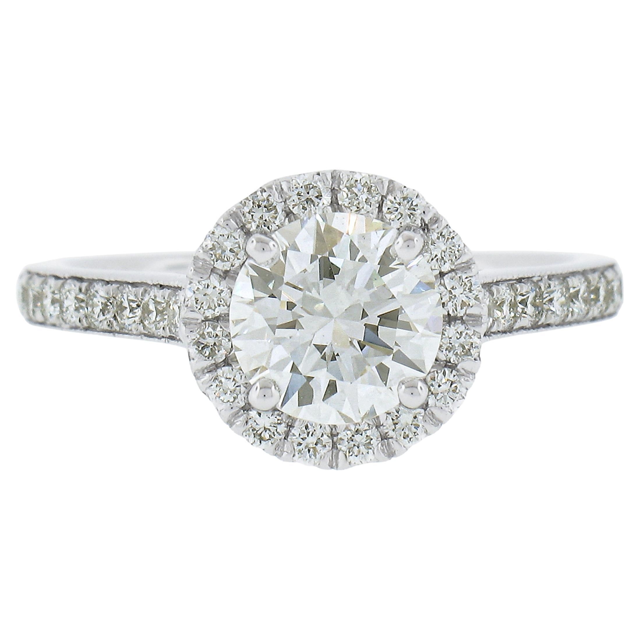 New 14k White Gold 1.59ctw GIA Round Diamond w/ Halo Classic Engagement Ring For Sale