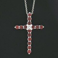 New 14K White Gold 1.70ctw Round Ruby & Diamond Cross Pendant Chain Necklace