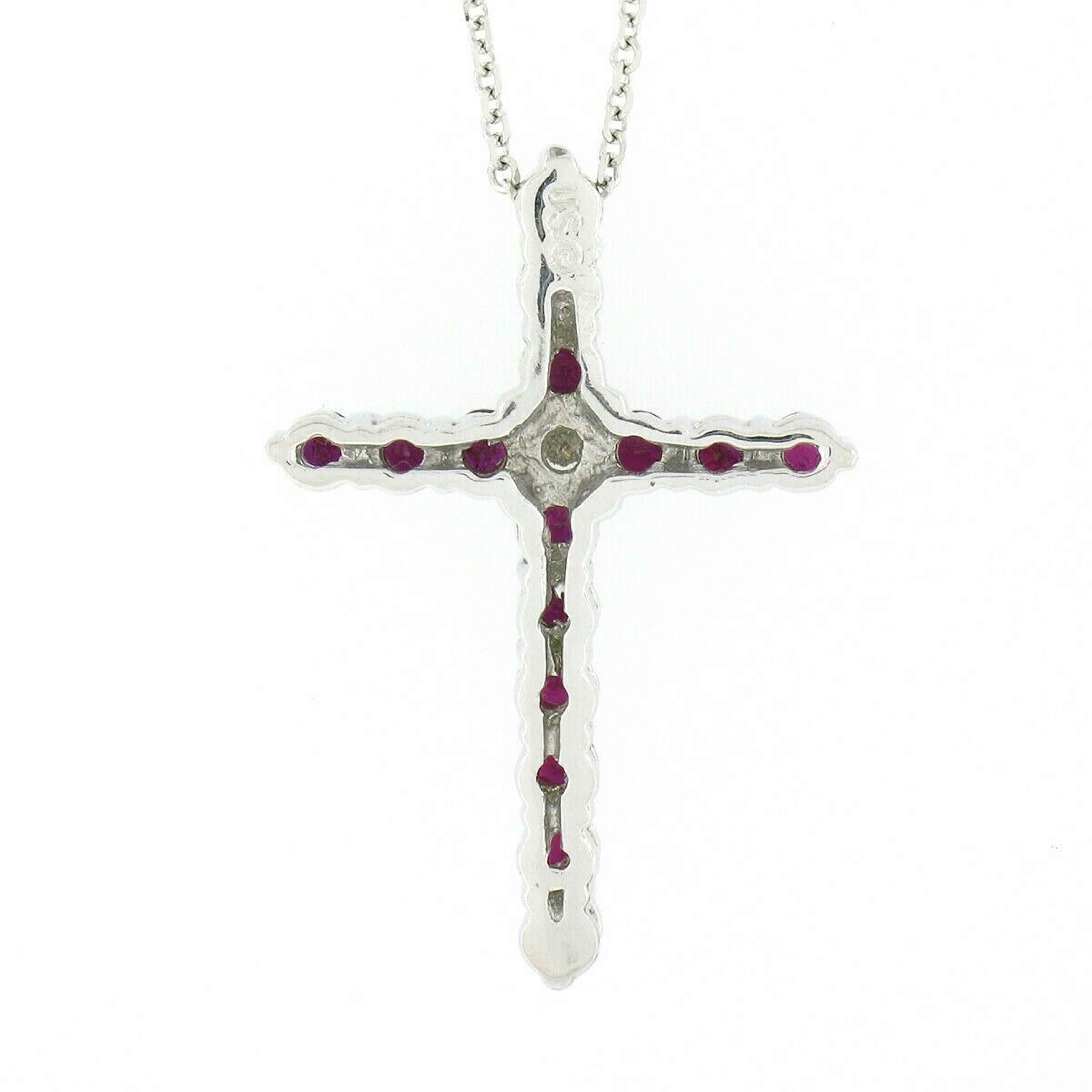 New 14K White Gold 1.70ctw Round Ruby & Diamond Cross Pendant Chain Necklace In New Condition For Sale In Montclair, NJ