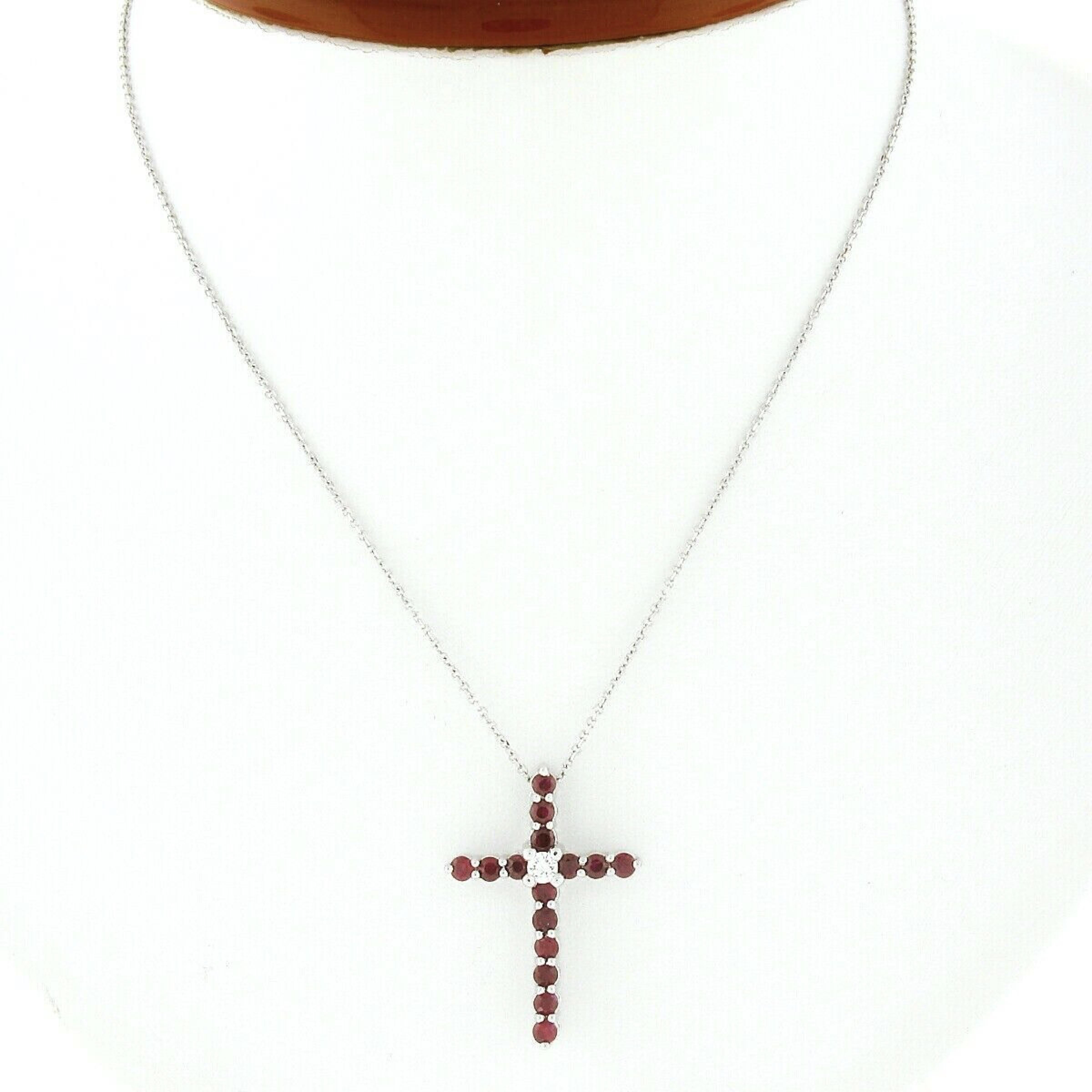 New 14K White Gold 1.70ctw Round Ruby & Diamond Cross Pendant Chain Necklace For Sale 1