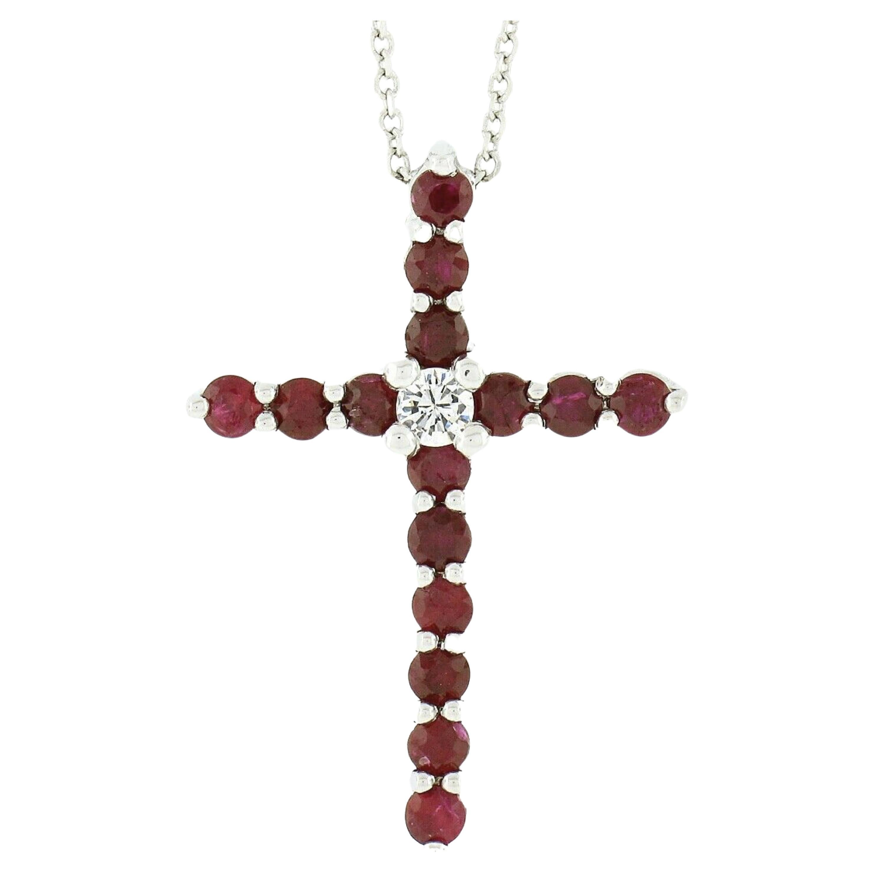 New 14K White Gold 1.70ctw Round Ruby & Diamond Cross Pendant Chain Necklace For Sale