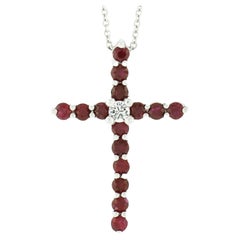 New 14K White Gold 1.70ctw Round Ruby & Diamond Cross Pendant Chain Necklace