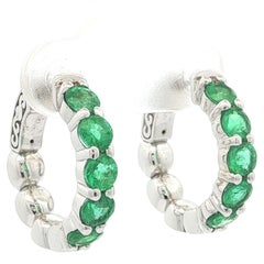 New 14k White Gold 1.72ctw Vivid Green Emerald Huggie Hoop Earrings