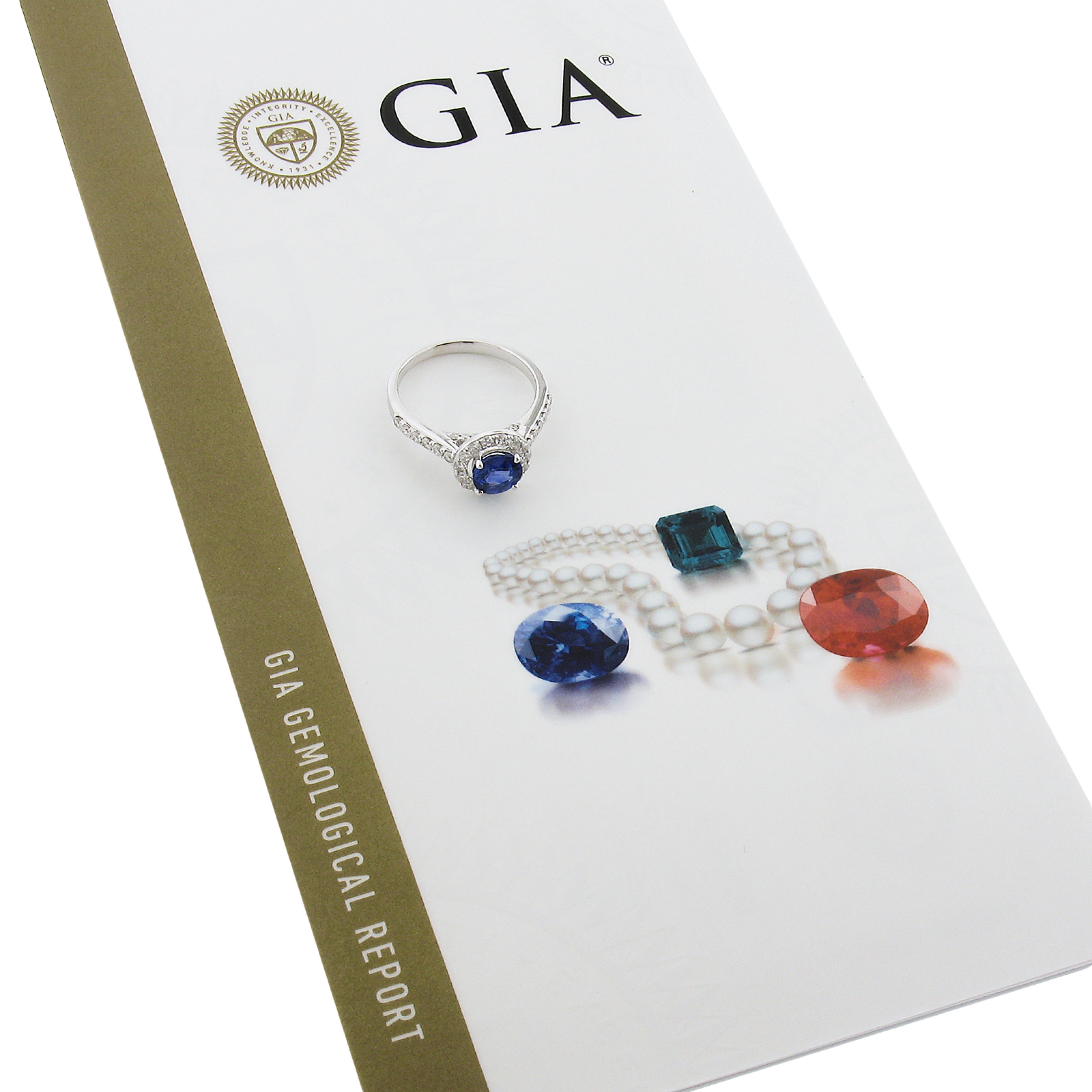 New 14K White Gold 1.75ctw GIA Ceylon Round Sapphire & Round Diamond Halo Ring For Sale 5
