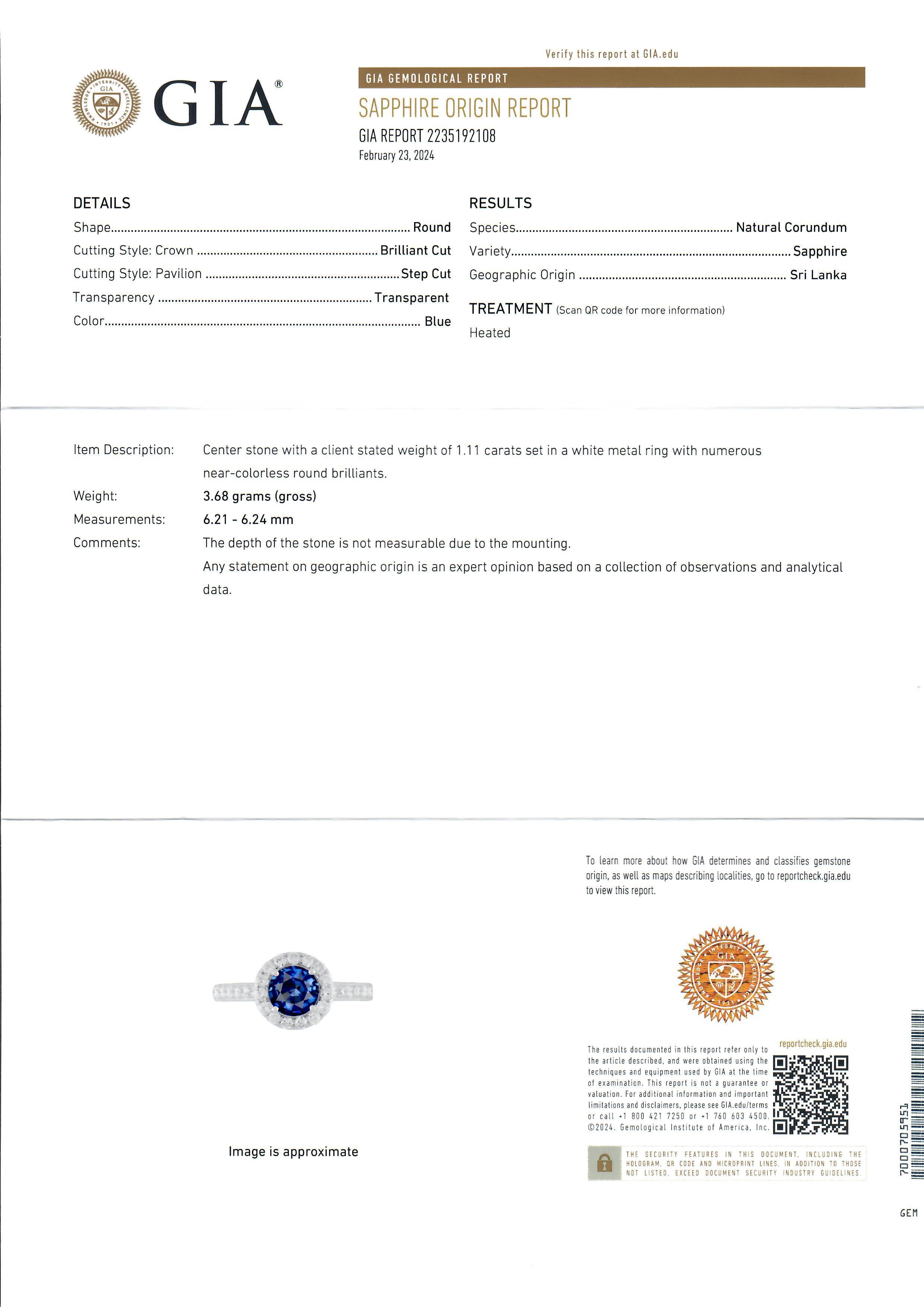 New 14K White Gold 1.75ctw GIA Ceylon Round Sapphire & Round Diamond Halo Ring For Sale 6