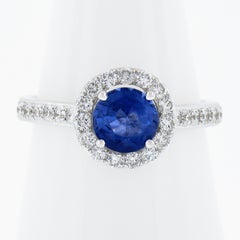 New 14K White Gold 1.75ctw GIA Ceylon Round Sapphire & Round Diamond Halo Ring