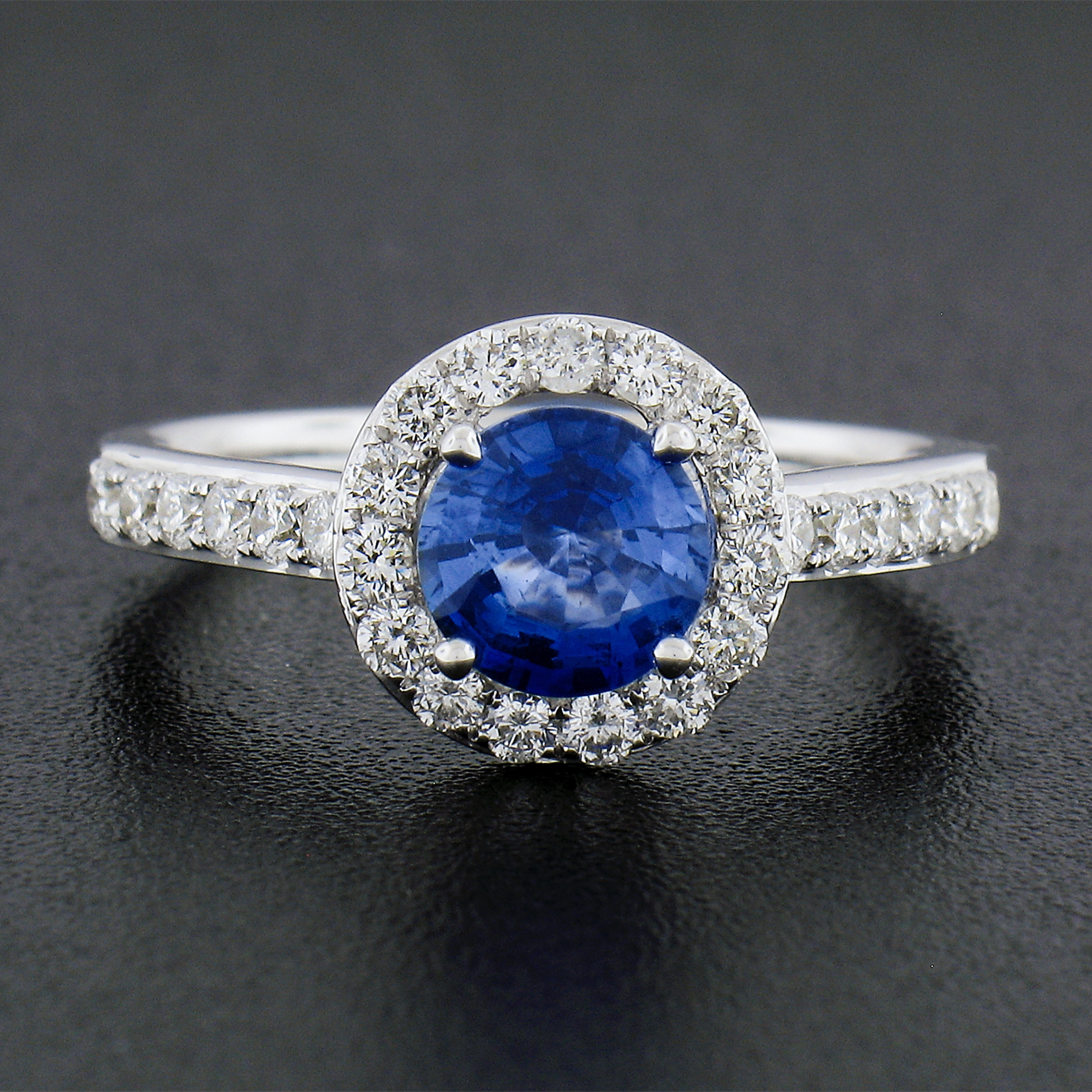 Round Cut New 14K White Gold 1.75ctw GIA Ceylon Round Sapphire & Round Diamond Halo Ring For Sale