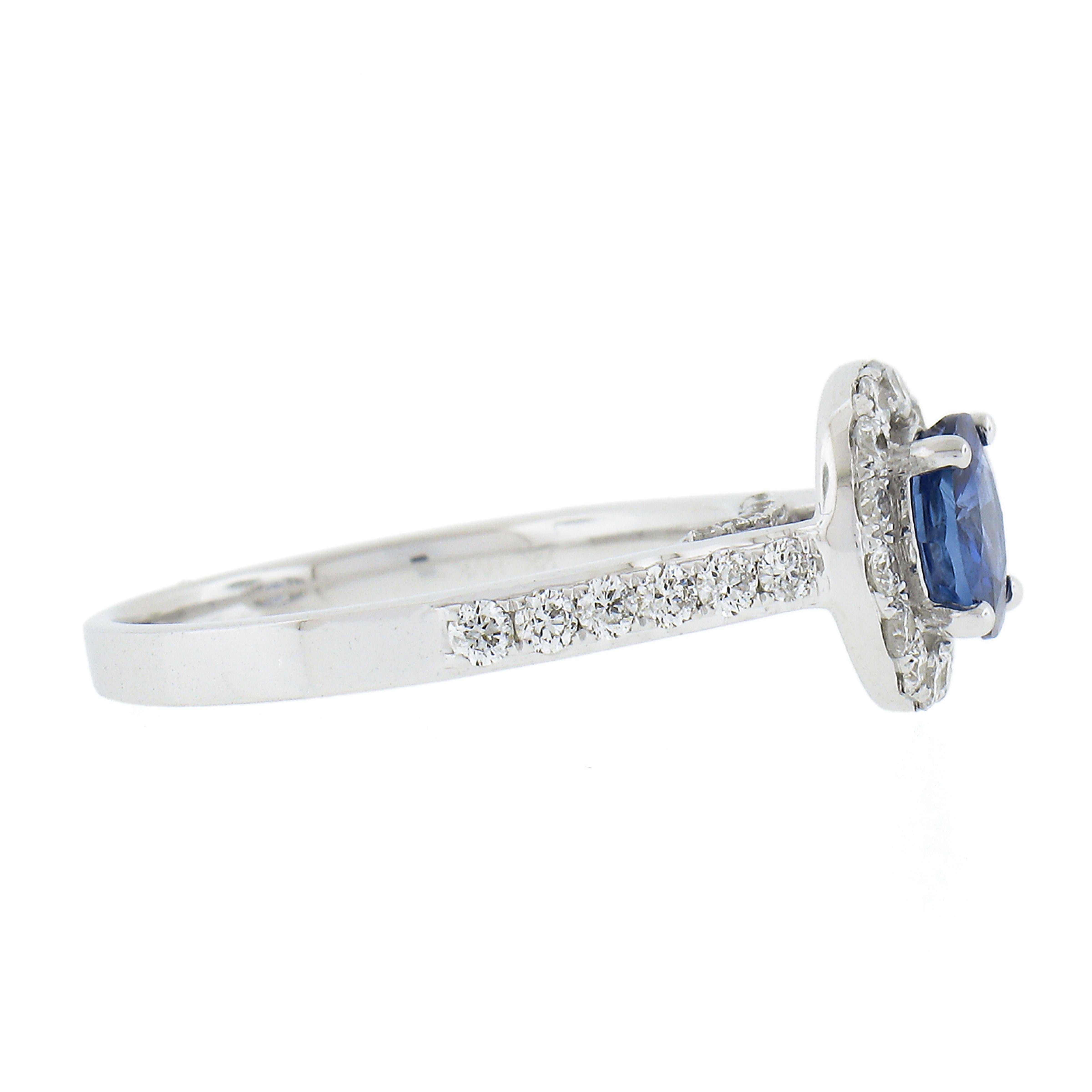Women's New 14K White Gold 1.75ctw GIA Ceylon Round Sapphire & Round Diamond Halo Ring For Sale