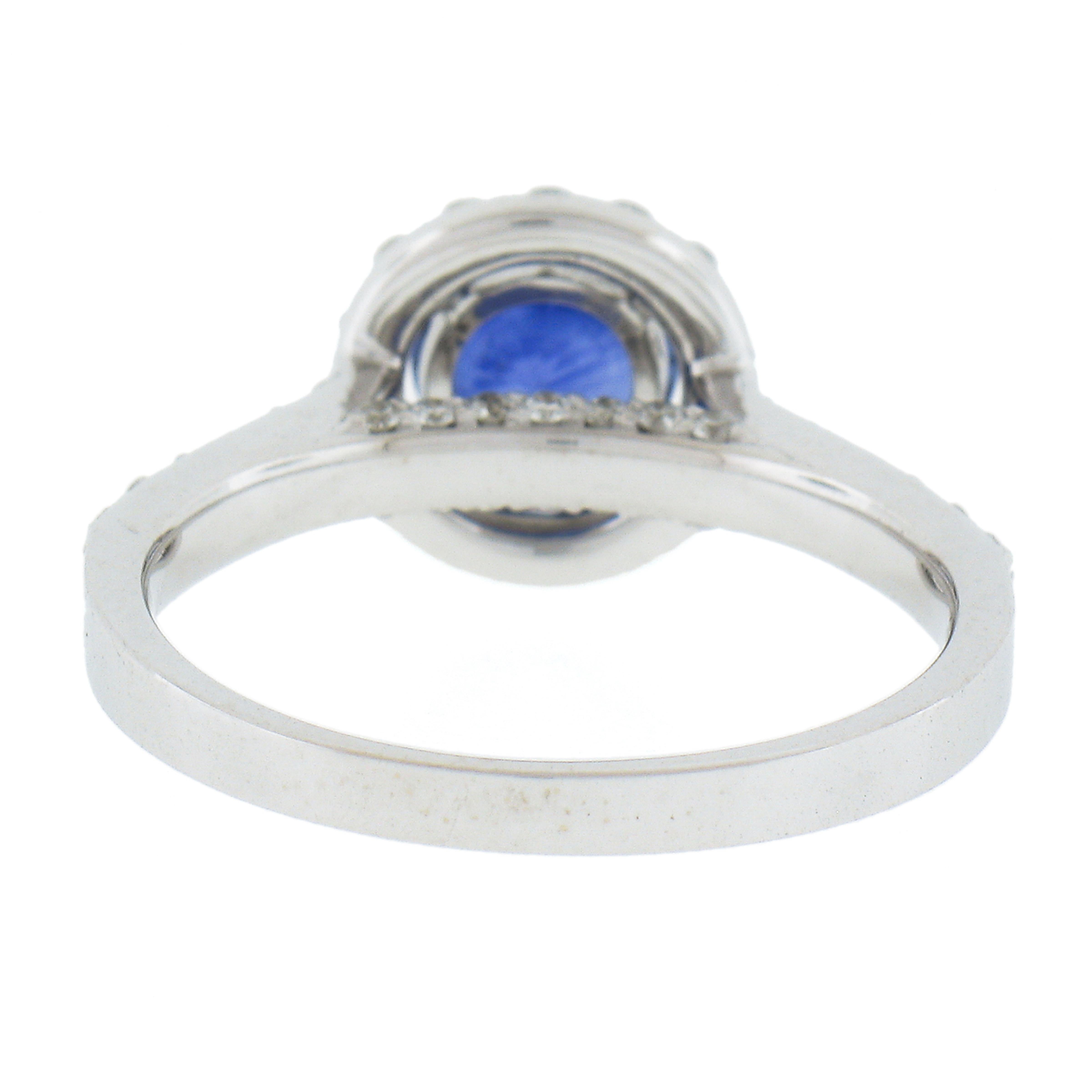 New 14K White Gold 1.75ctw GIA Ceylon Round Sapphire & Round Diamond Halo Ring For Sale 2