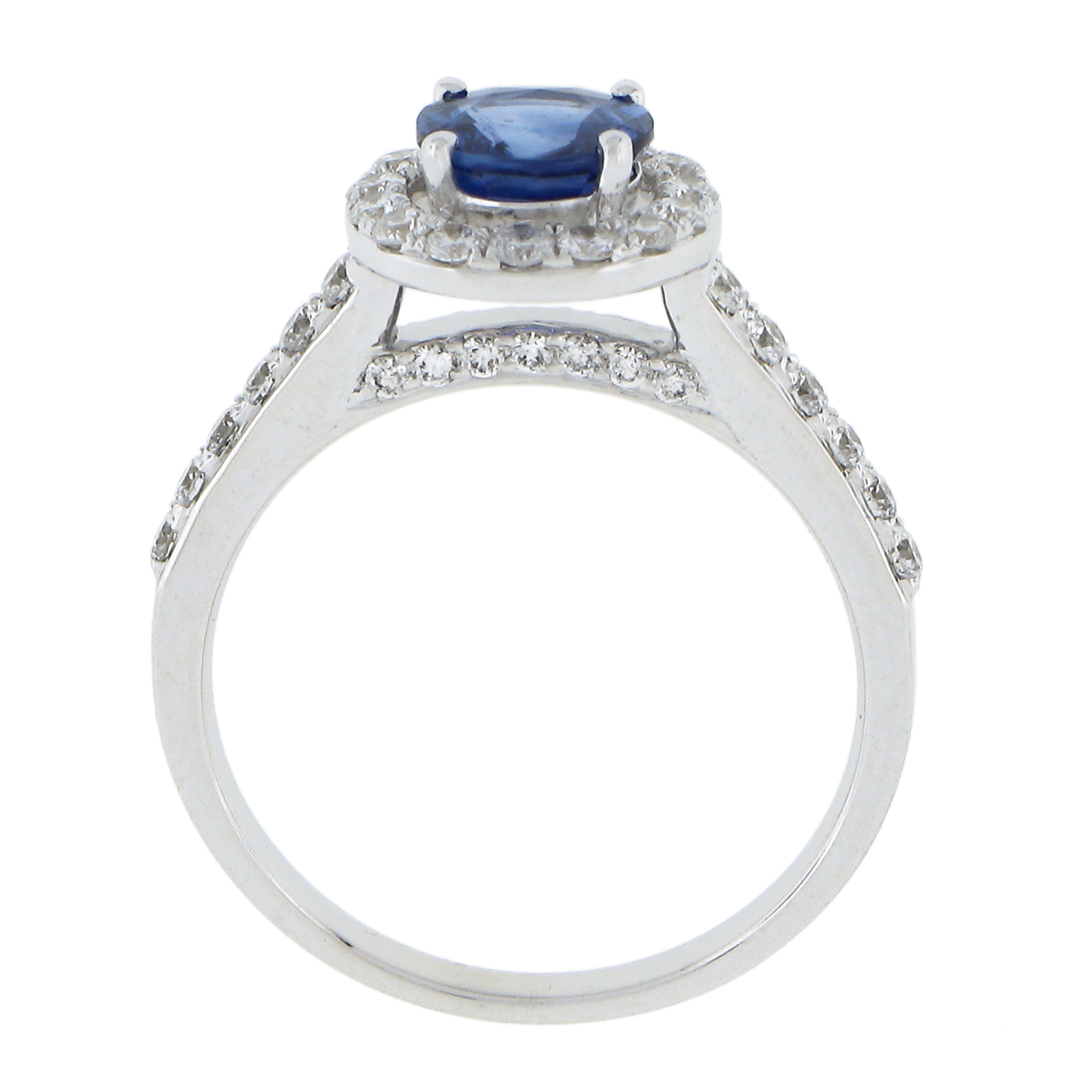 New 14K White Gold 1.75ctw GIA Ceylon Round Sapphire & Round Diamond Halo Ring For Sale 3