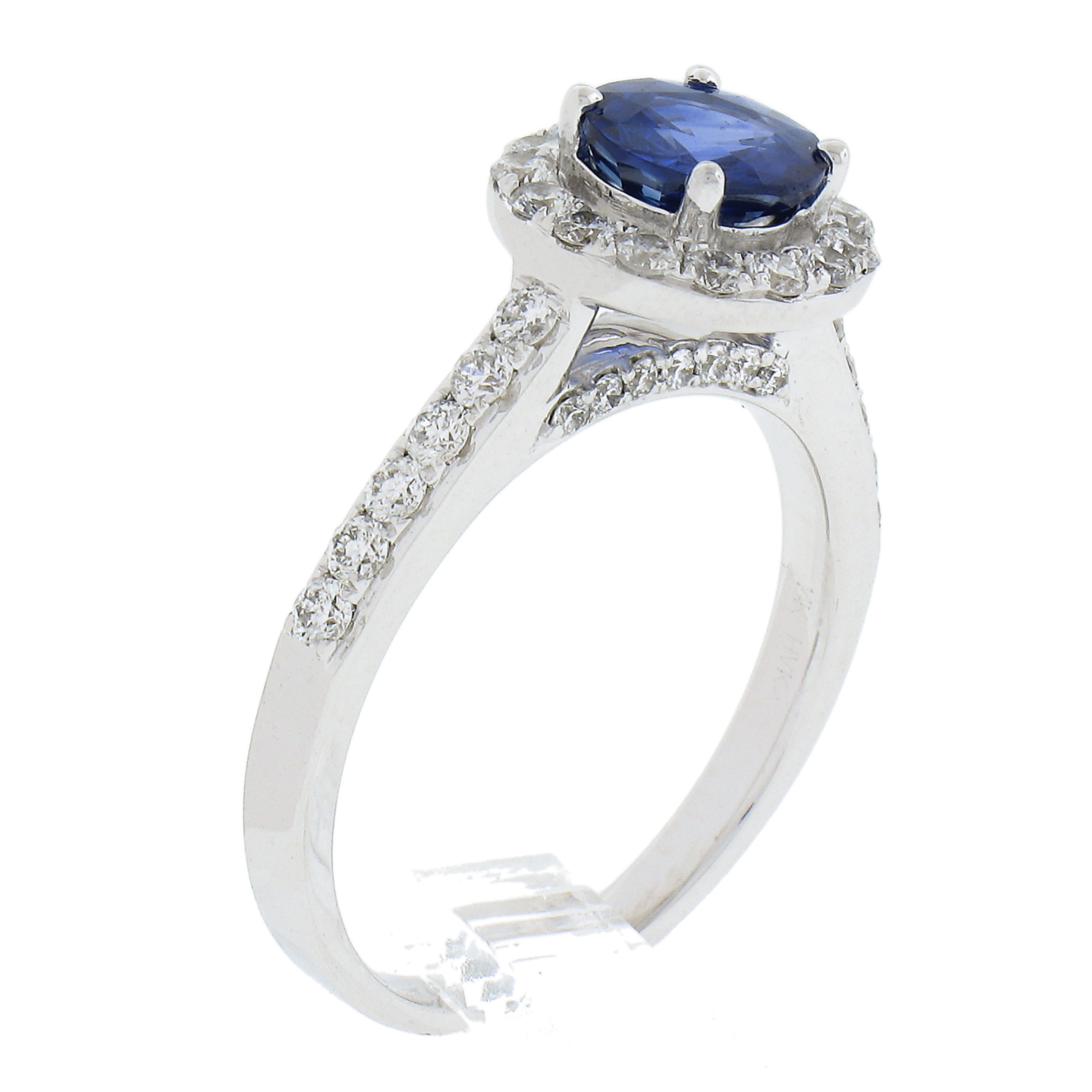 New 14K White Gold 1.75ctw GIA Ceylon Round Sapphire & Round Diamond Halo Ring For Sale 4