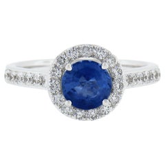 New 14K White Gold 1.75ctw GIA Ceylon Round Sapphire & Round Diamond Halo Ring