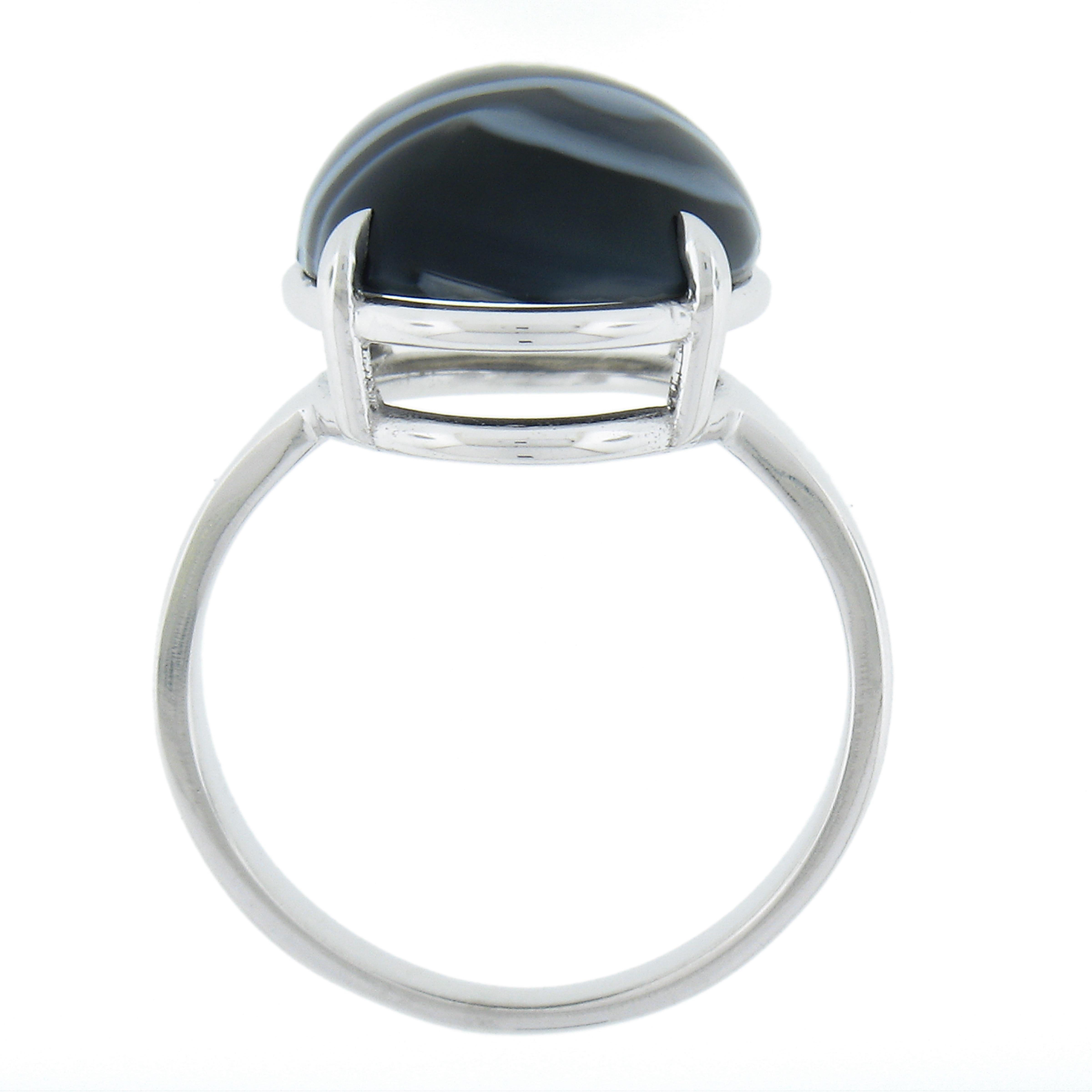 New 14k White Gold Oval Cabochon Gray Banded Agate Solitaire Ring For Sale 3