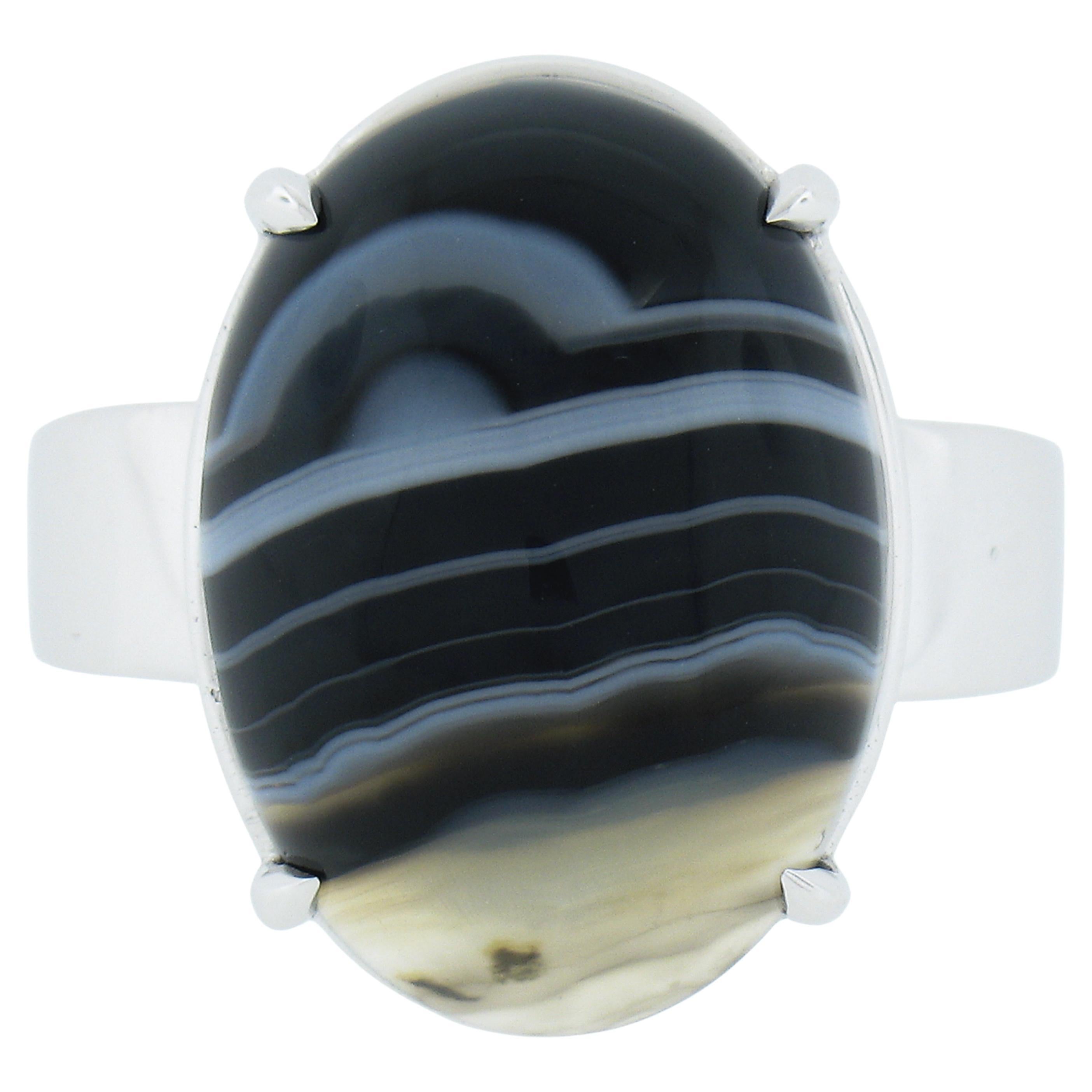 New 14k White Gold Oval Cabochon Gray Banded Agate Solitaire Ring For Sale