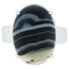 New 14k White Gold Oval Cabochon Gray Banded Agate Solitaire Ring