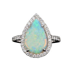 New 14k White Gold 1.84 Carat Pear Cut Opal and Diamond Ring
