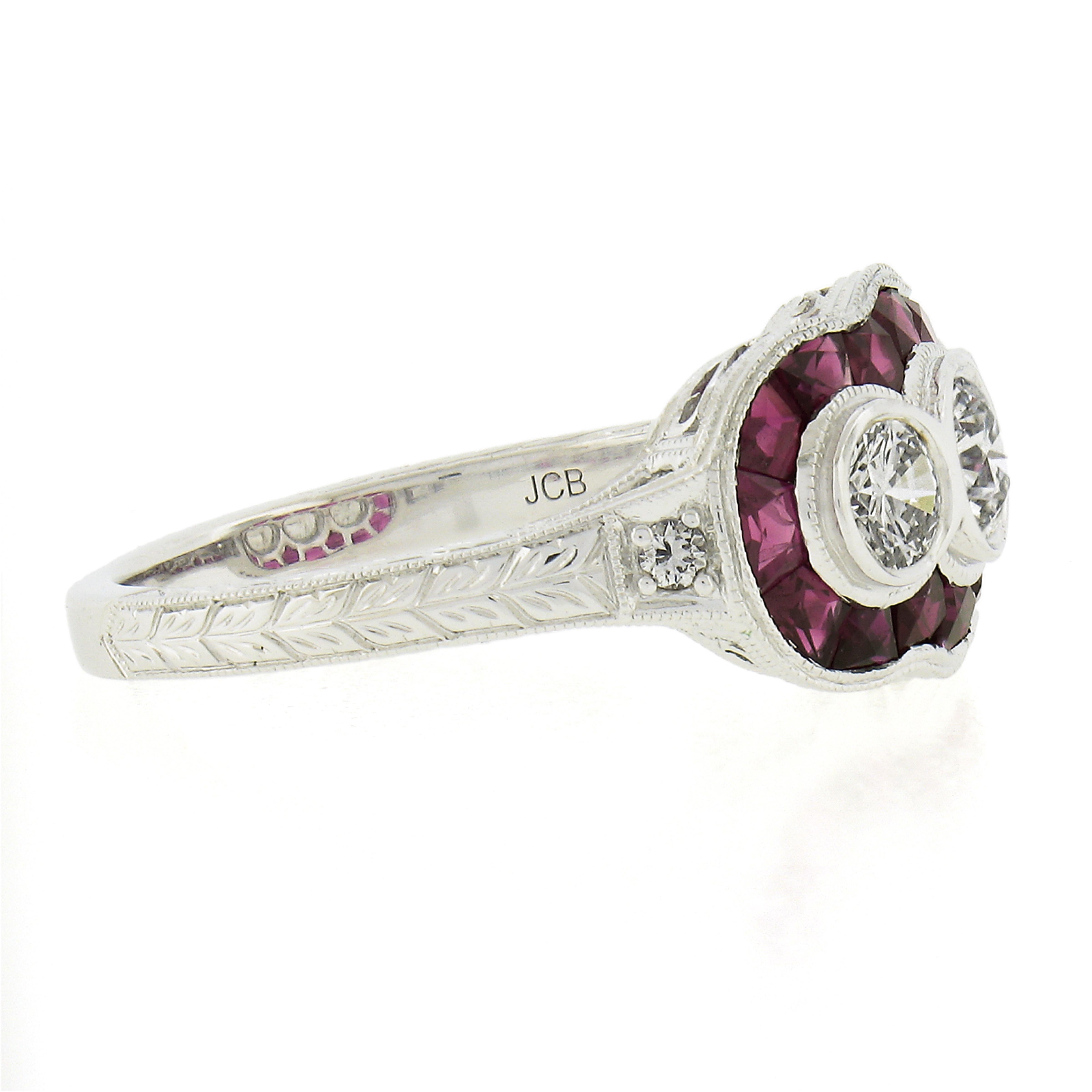 Round Cut New 14k White Gold 1.95ctw Ruby & Round Diamond Wheat Engraved Sides Band Ring For Sale