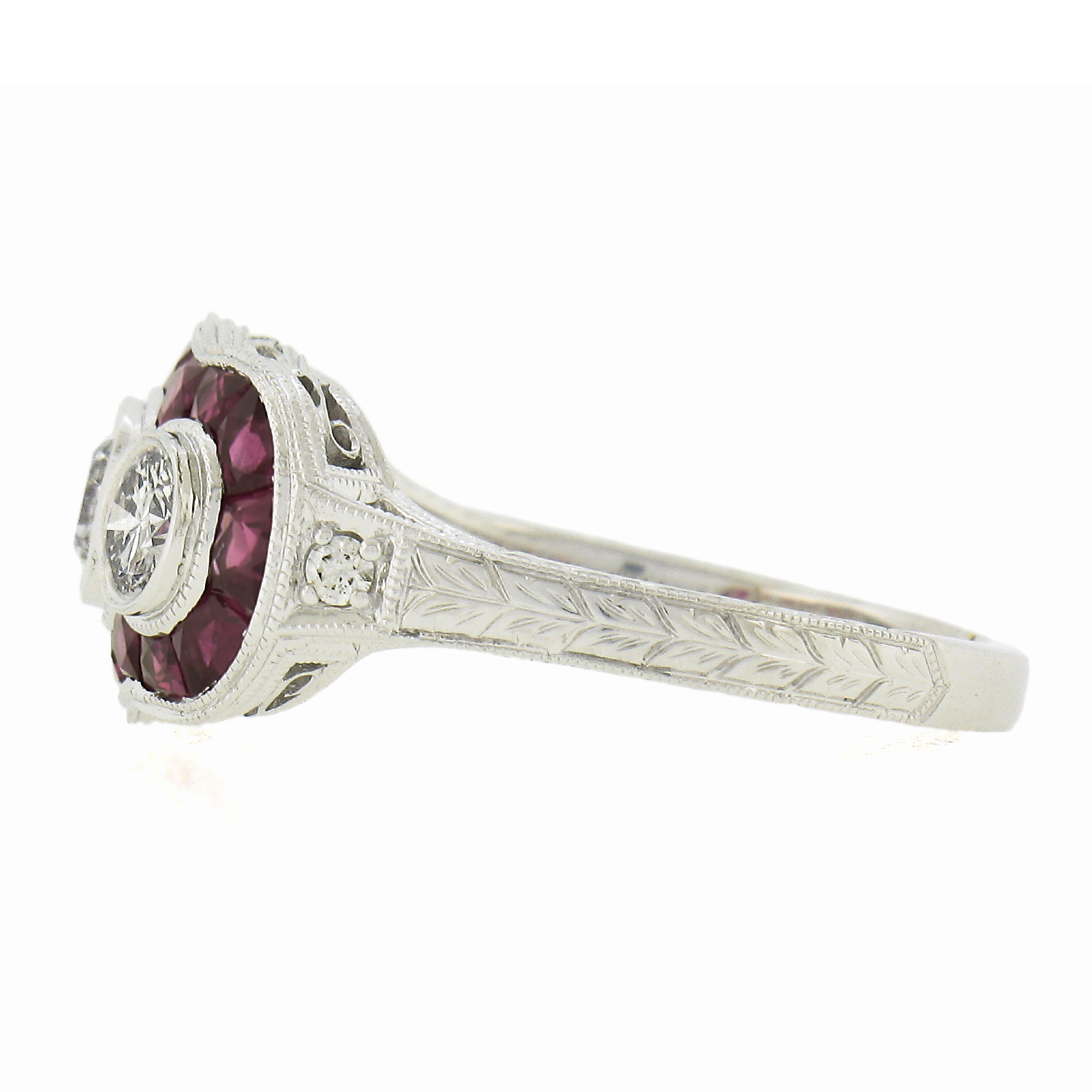 New 14k White Gold 1.95ctw Ruby & Round Diamond Wheat Engraved Sides Band Ring In New Condition For Sale In Montclair, NJ