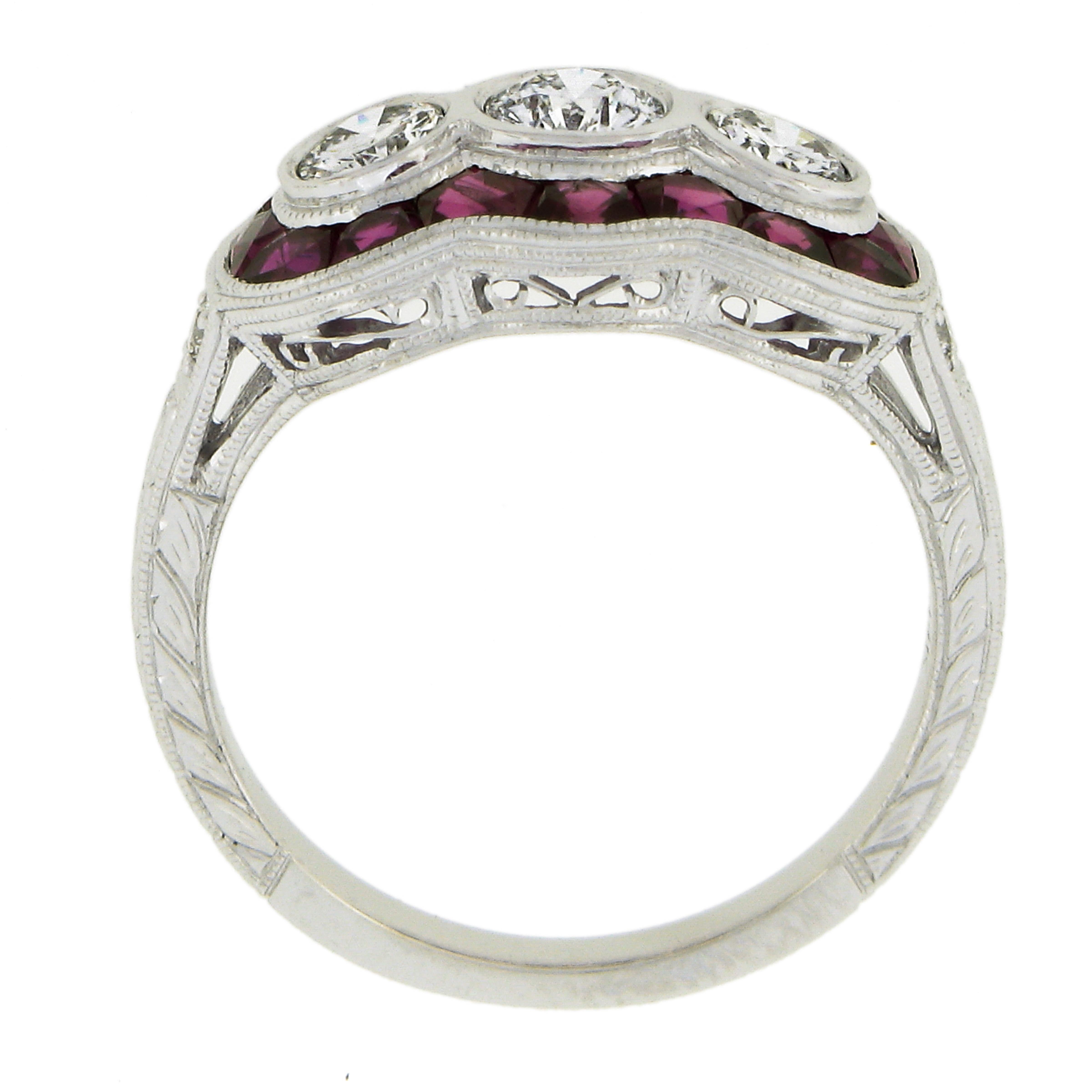 New 14k White Gold 1.95ctw Ruby & Round Diamond Wheat Engraved Sides Band Ring For Sale 1